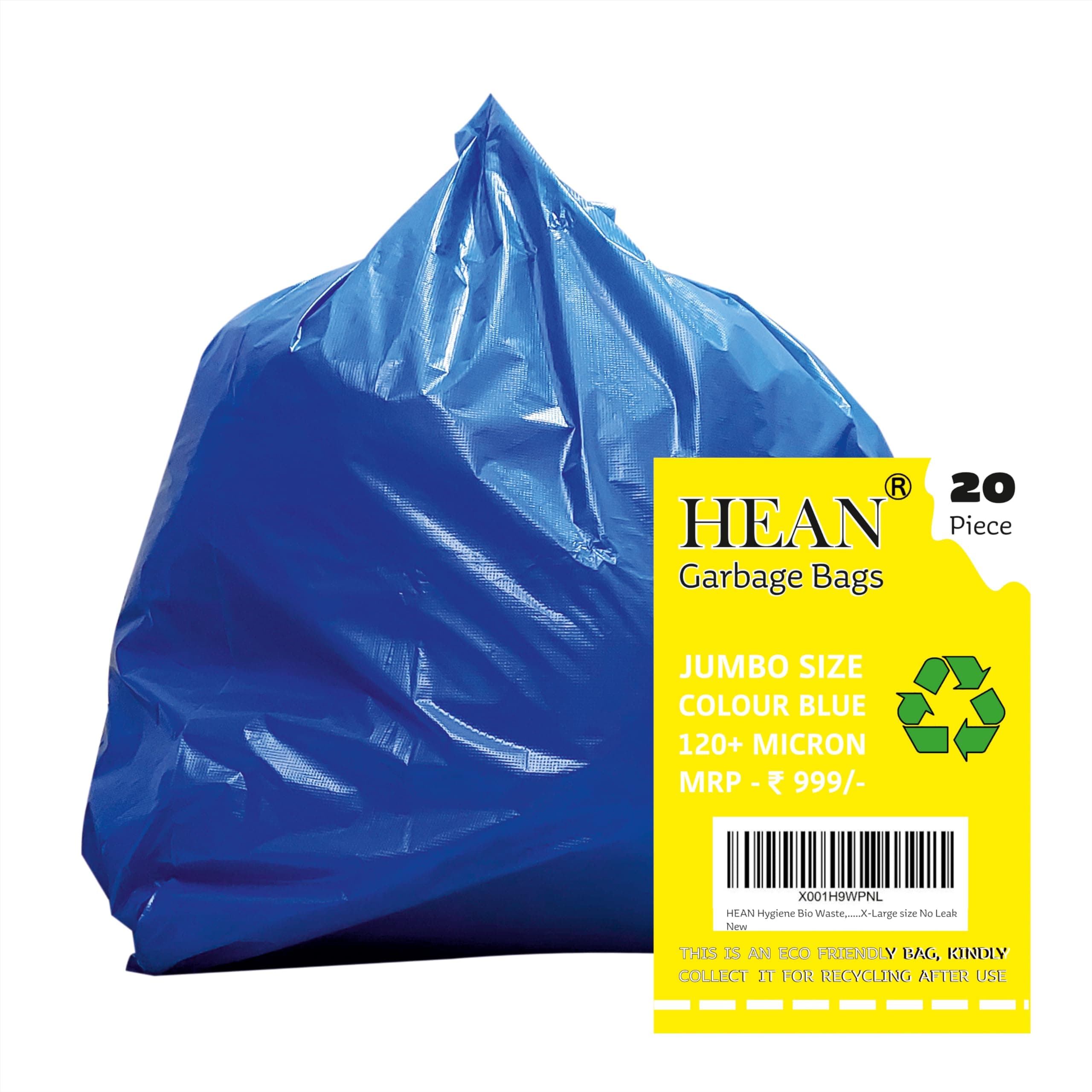 HEAN Hygiene waste fresh eco-friendly blue garbage bag (35x45 inch)-20 piece. Heavy Duty 75 micron, waste bag professional Grade medical bag, X-Large size No leak, 20 Count, Plastic