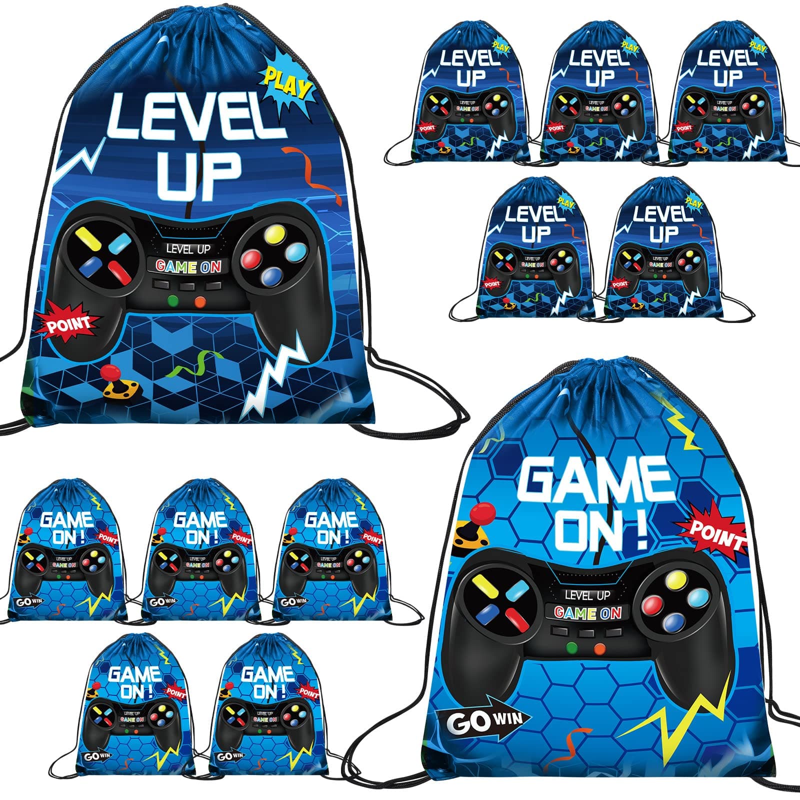 Eccliy 20 Pcs Video Game Party Favor Bags Gamer Birthday Party Drawstring Bags for Kids Boys Girls 12 x 10 Inch Gaming Goodie Treat for Game on Theme Decorations Supplies(Blue,Fresh Style)