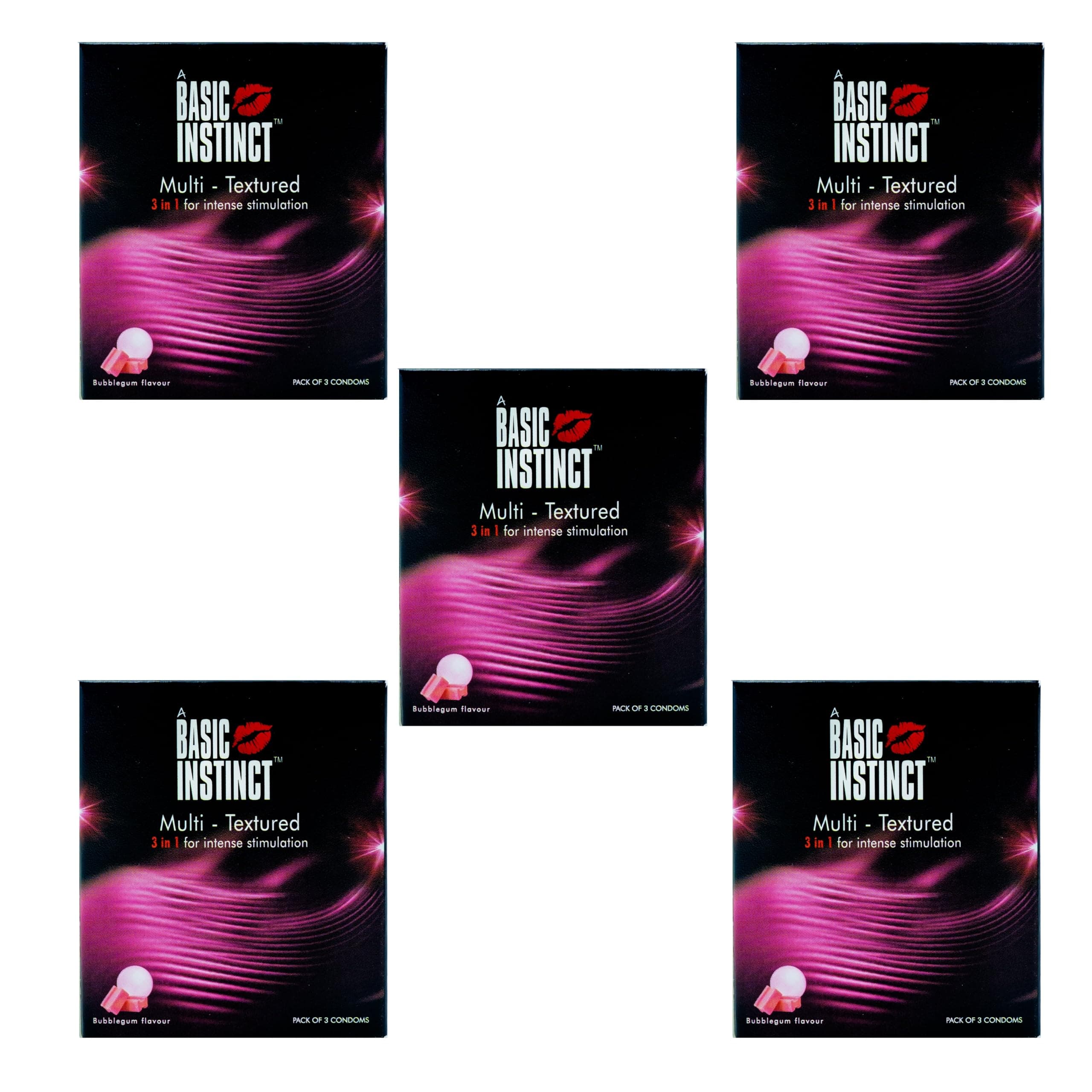 Basic Instinct Multi Texture Condoms for Men, 3 in 1 Ribbed, Dotted & Contoured, Bubble Gum Flavoured Ultra-Smooth Latex Condoms,3 Pcs (Pack of 5)