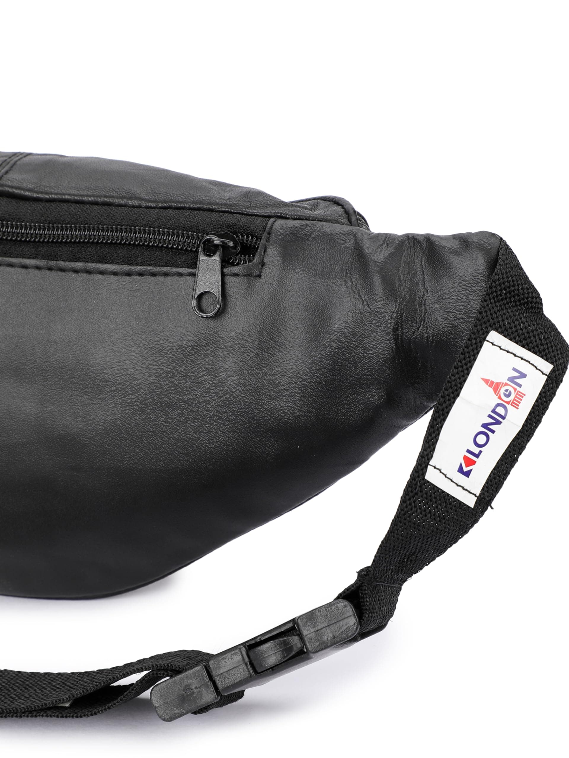 K London Leather Black Unisex Waist Bag Travel Pouch Passport Holder with Adjustable Strap (2140_Blk)