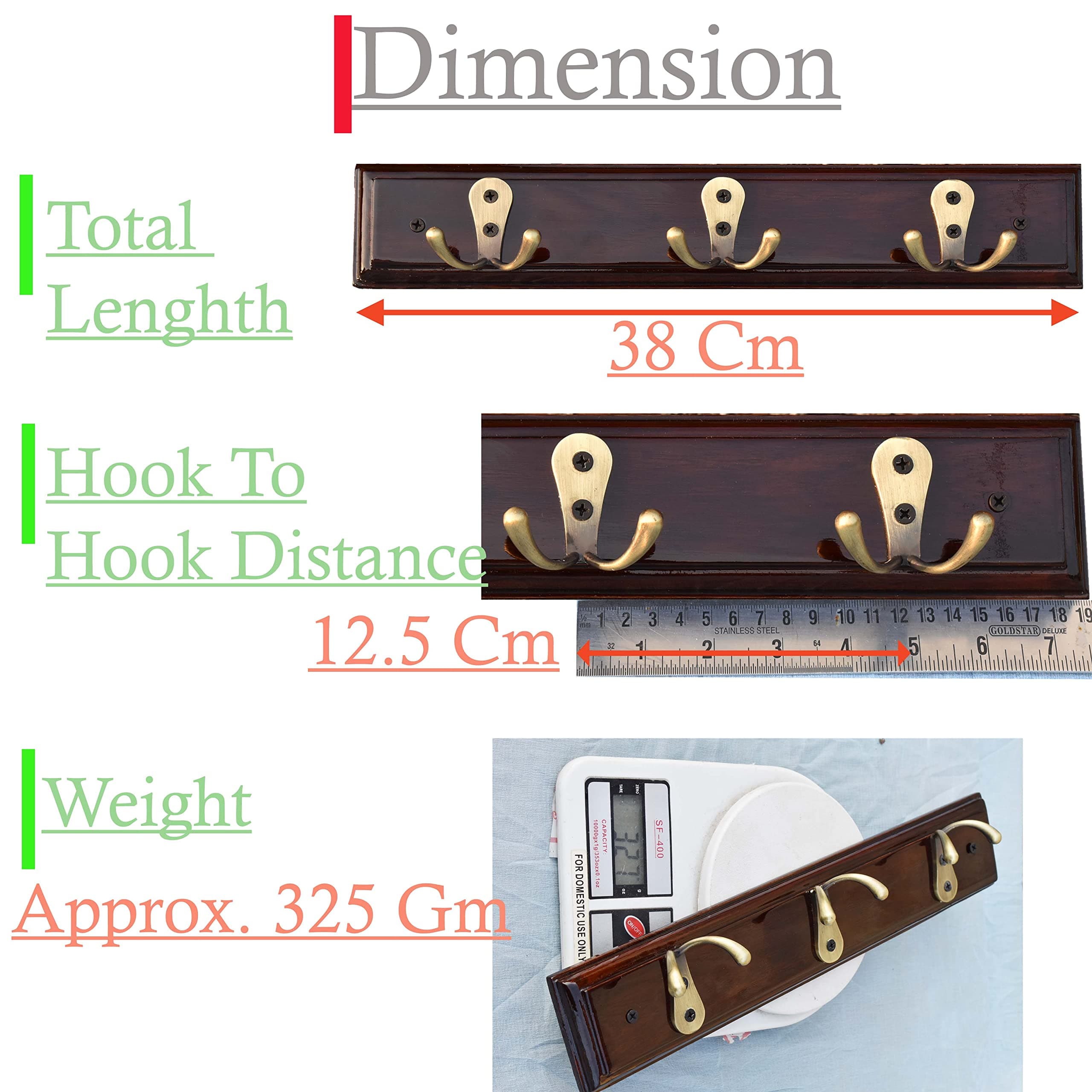 AelishqViila Wooden Cloth Hanging Hook Hanger for Wall & Door | Wall Hanger Hook for Bathroom Bedroom Room Home (Teak Wood + 3 Brass Finish Hook | Glossy Walnut)