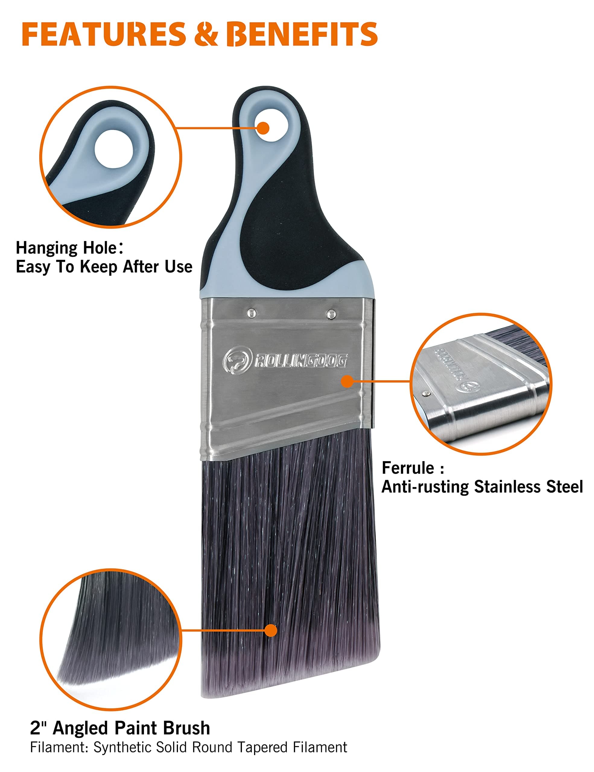 ROLLINGDOG 2PC Small Paint Brush Set - 1PC 50mm (2”) Angled Edger Brush and 1PC Pointed Round Trim Brush for Painting Walls