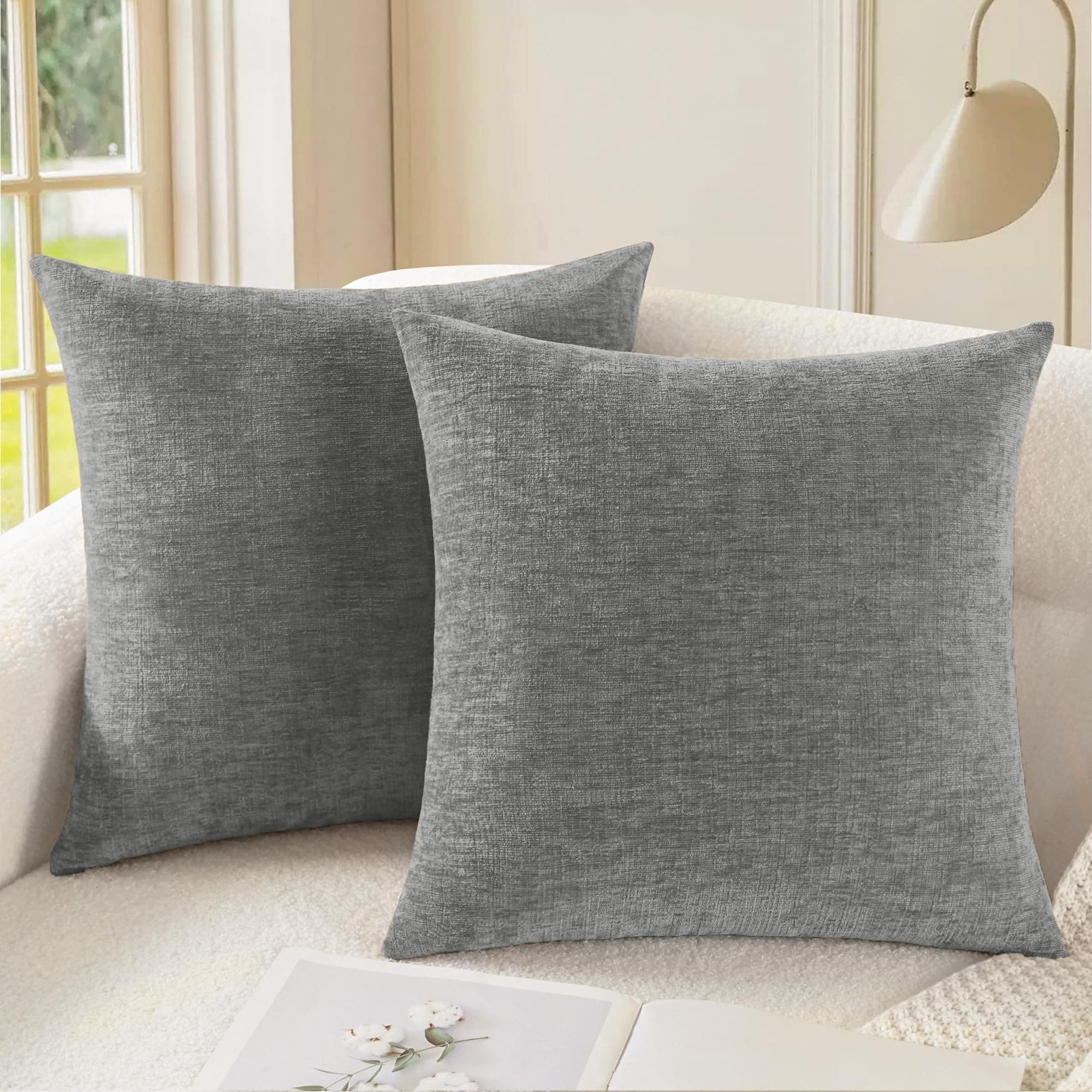 CaliTime Pack of 2 Cozy Throw Pillow Covers Cases for Couch Sofa Home Decoration Solid Dyed Soft Chenille 20 X 20 Inches Medium Grey