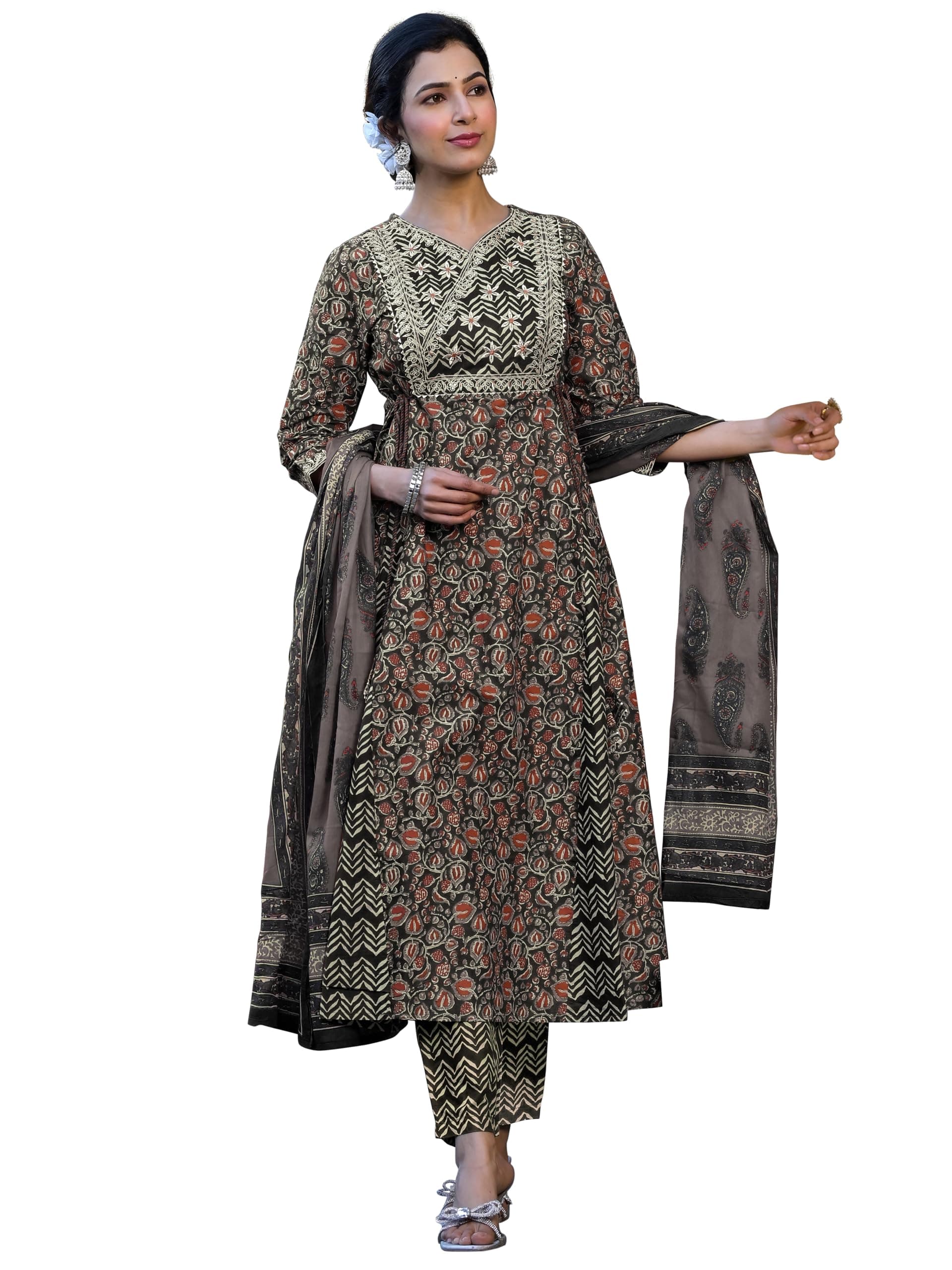 MIRCHI FASHION Pure Cotton Embellished Anarkali Set | 3 Piece Bagru Printed Flared Kurta with Pant and Dupatta | Traditional Wedding Guest