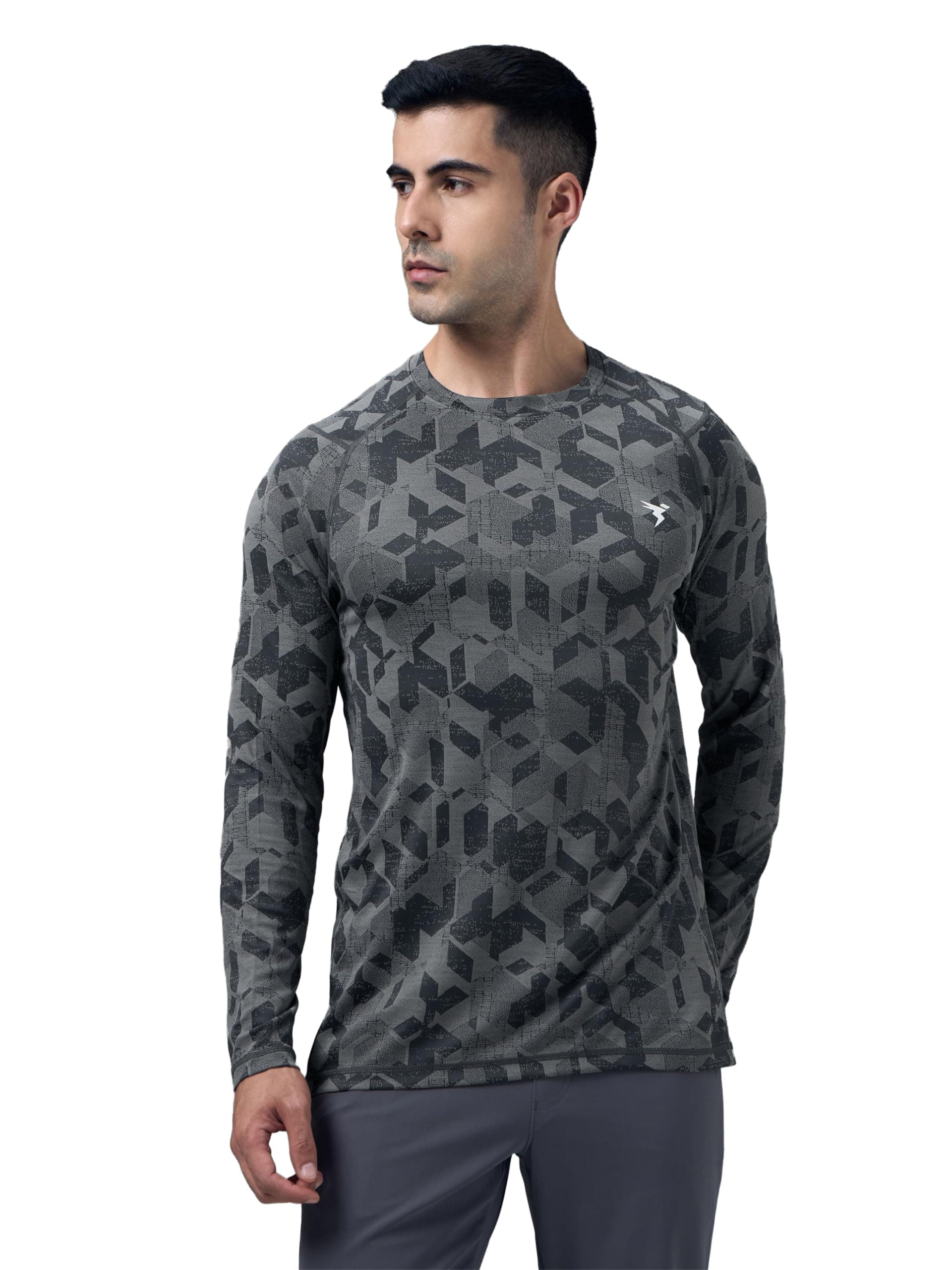 TECHNOSPORT Men's Slim Fit All Over Print Crew Neck Active T-Shirt with Double Cool for Sports, Gym & Regular Use - (MTP812WDM_4_Woodland Gray_M)