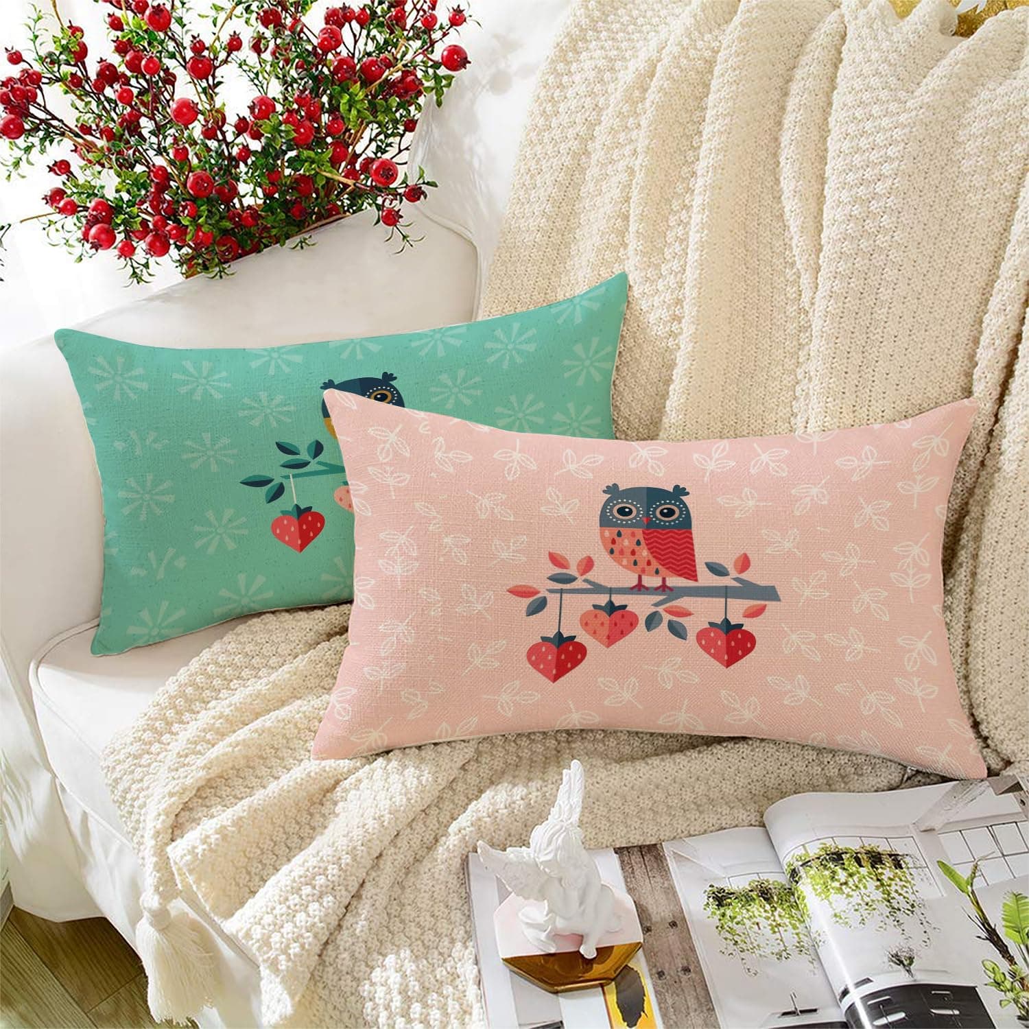 STITCHNEST Ethnic Owl Printed Poly Cotton Rectangular Cushion Covers, Set of 2 (12 x 18 inches with Filler)