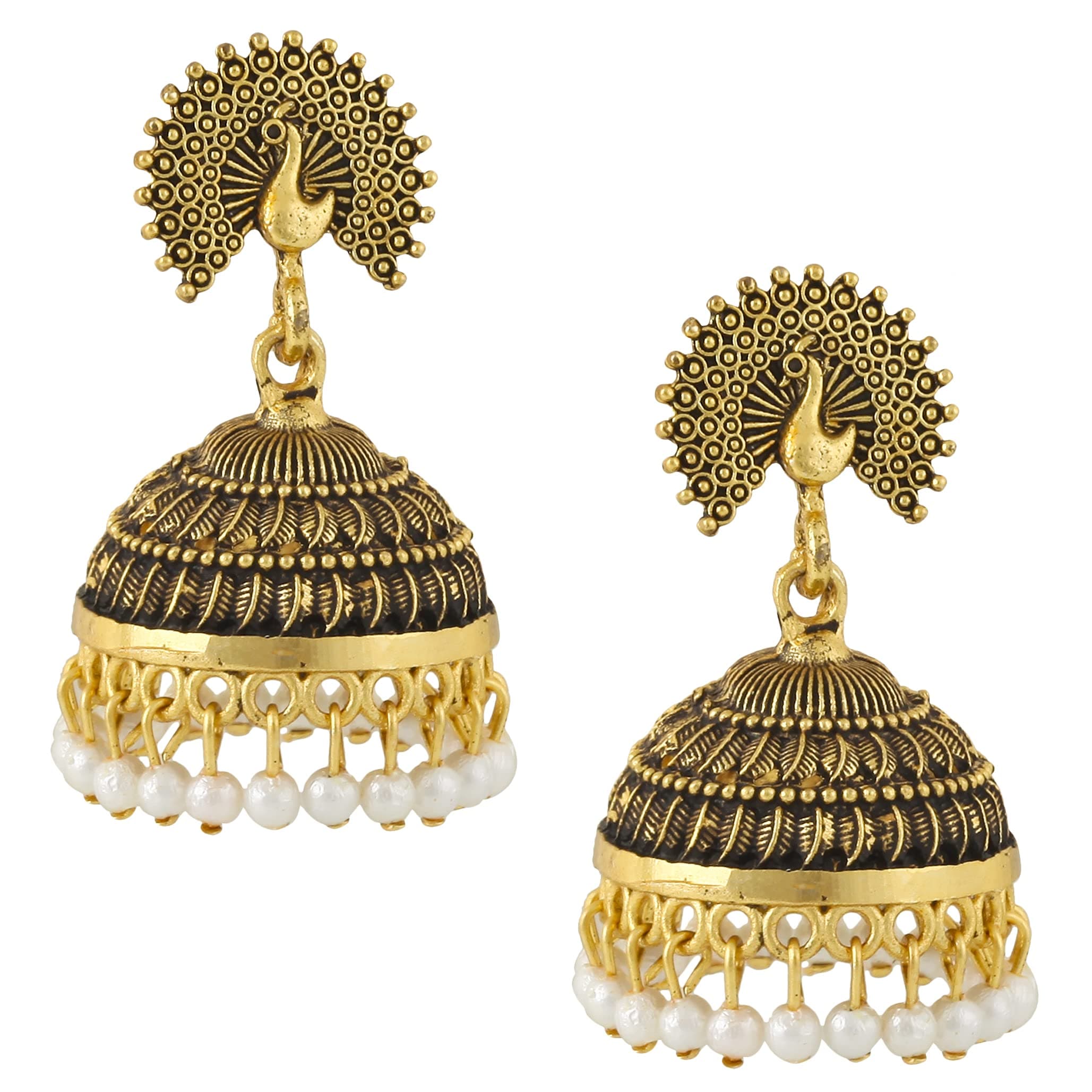 MEENAZ Traditional Wedding Temple Gold oxidised Meenakari Ethnic Antique South Indian Round Pearl Moti Big Feather Peacock Jhumkas Jhumka jhumki Earrings set Ear rings For Women girls Ladies -M633