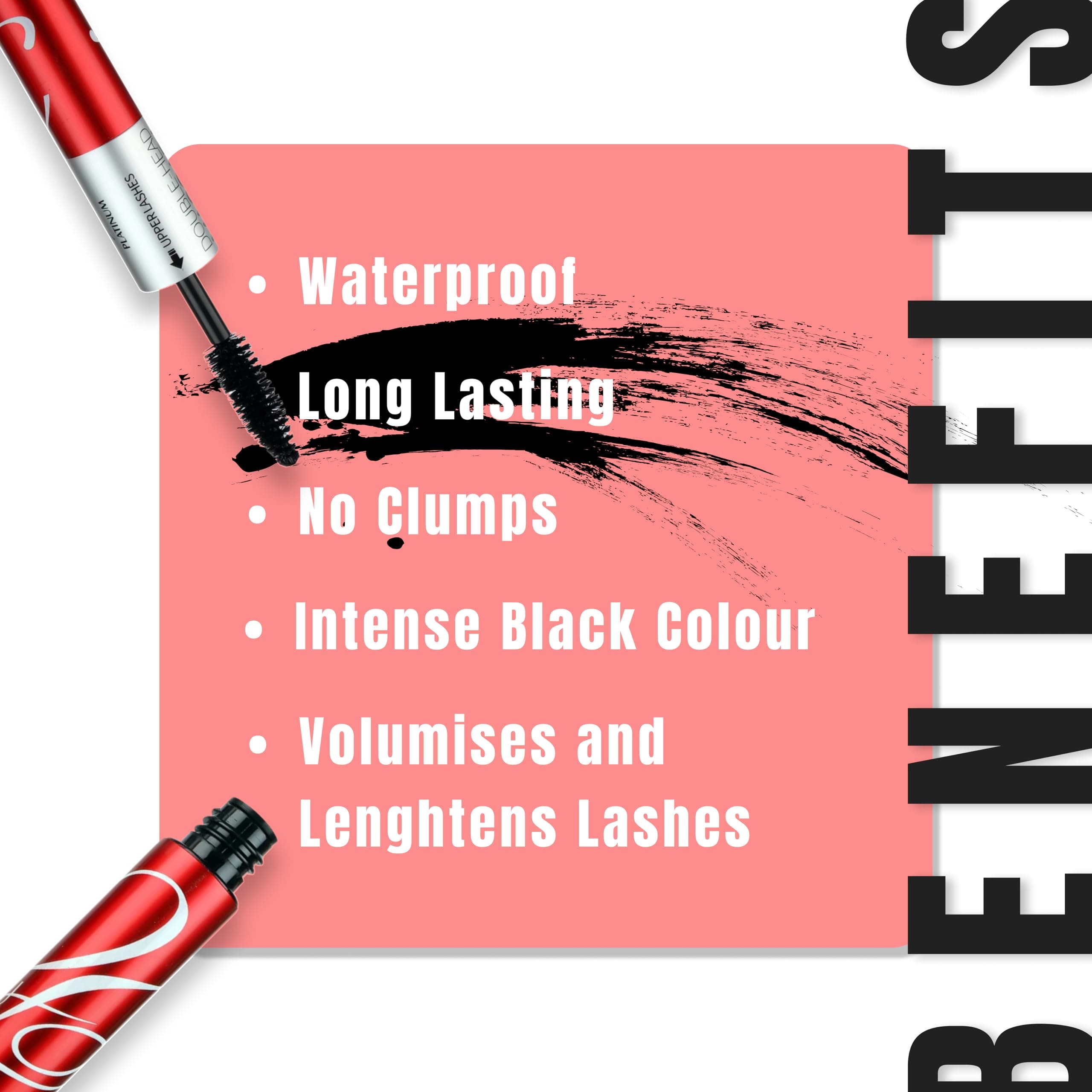 Fashion Colour Platinum Double Head Mascara for Upper & Lower Lashes | 2-in-1 Volumizing & Lengthening Mascara | Smudge Proof, Waterproof, Long Lasting, No Clumping, Lightweight Formula | 10ml | Black