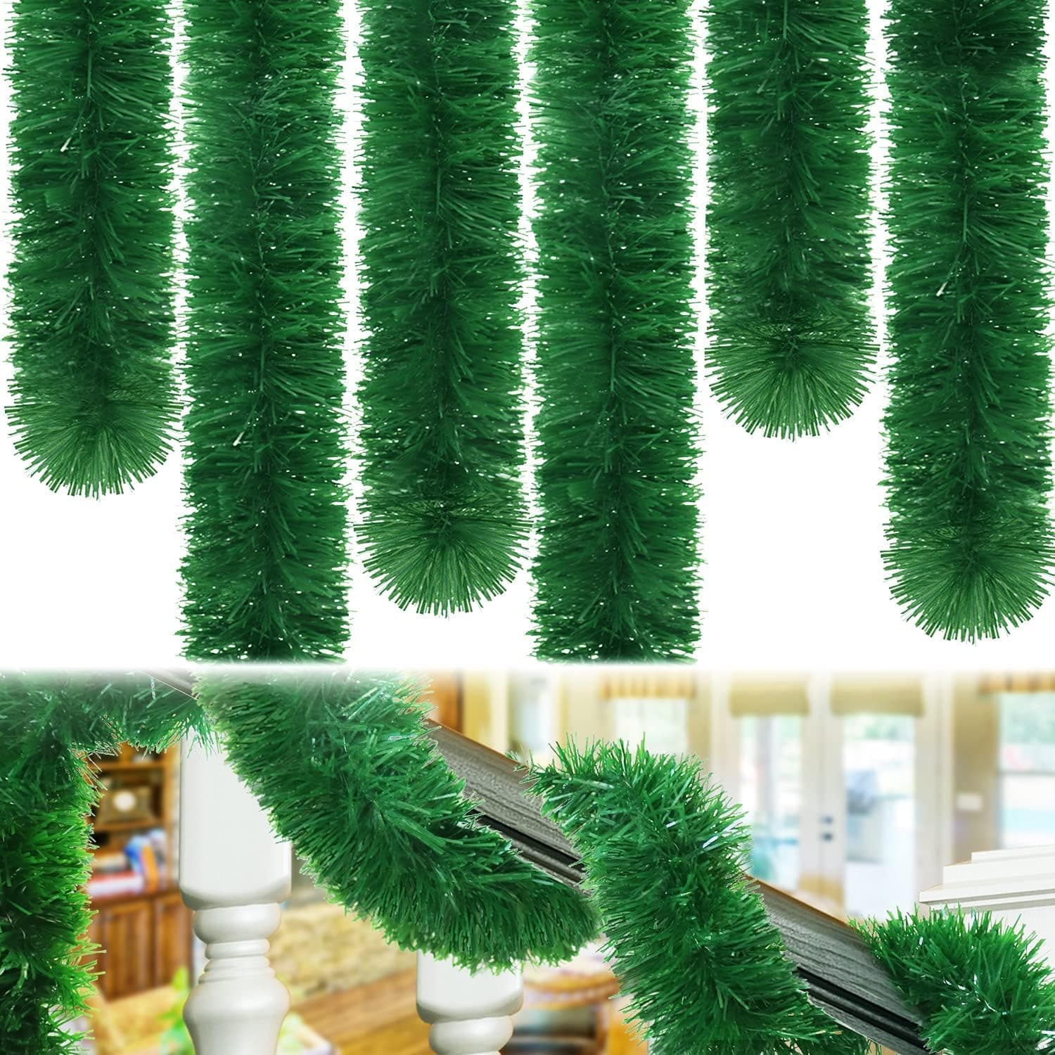 KROGER 5PCS 5FT Green Tinsel Garland, Artificial Christmas Pine Decoration for Holiday Home Décor & Wedding Events