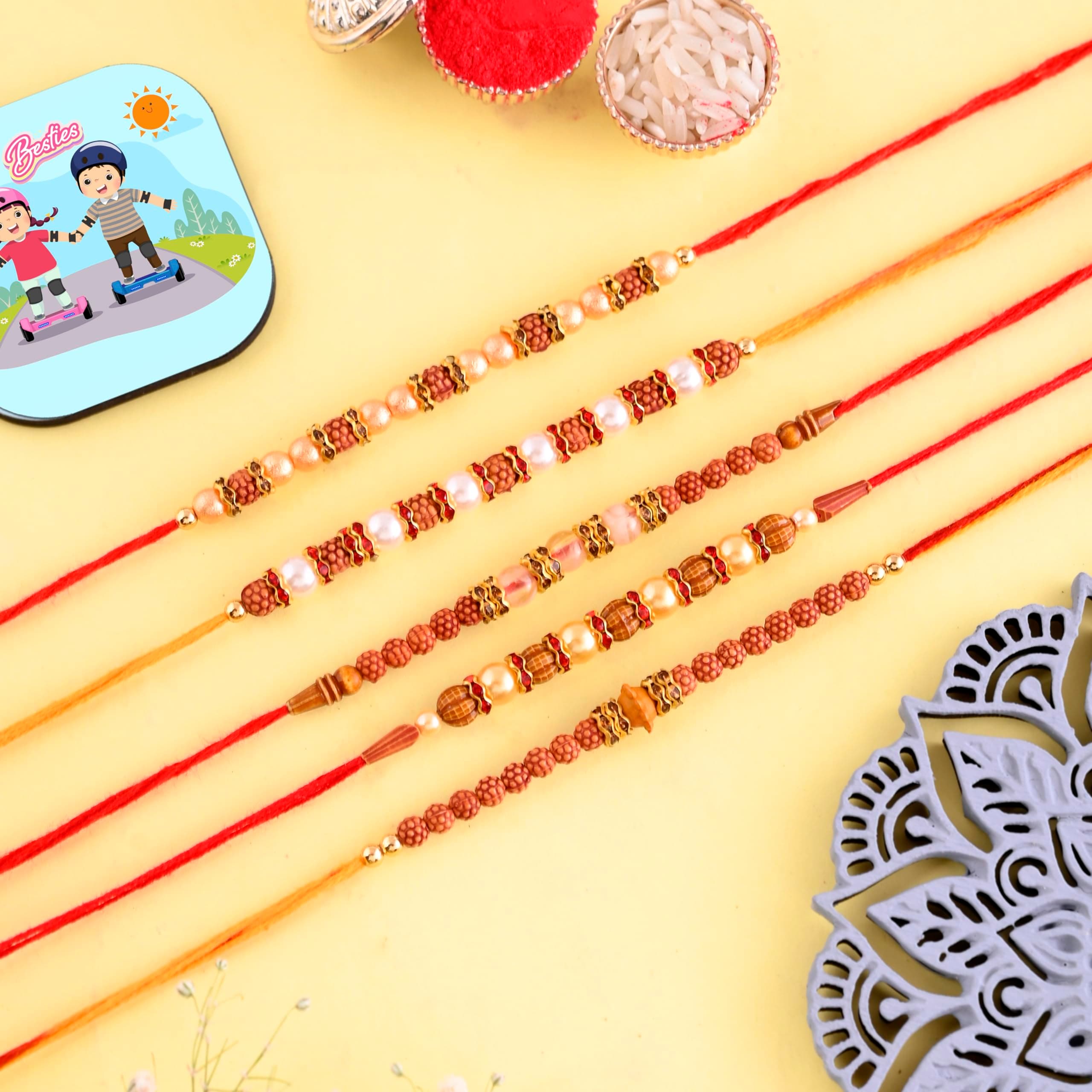 CraftVatika Rakhi Set of 5 Rakhi Gift Combo for Brother Boy Men Kids, Rudraksh Rakhi with Magnet Gift, Dora Rakhi Set of 5, Fridge Magnet for Door Decor