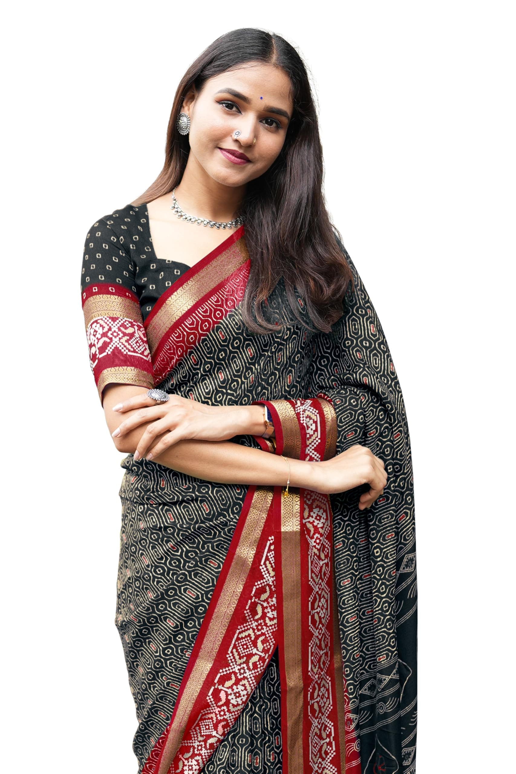 MIRCHI FASHION Women's Cotton Silk Paisley Printed Saree with Blouse Piece (44151 - Dark Mehandi Green, Dark Turquoise Blue, Off White)