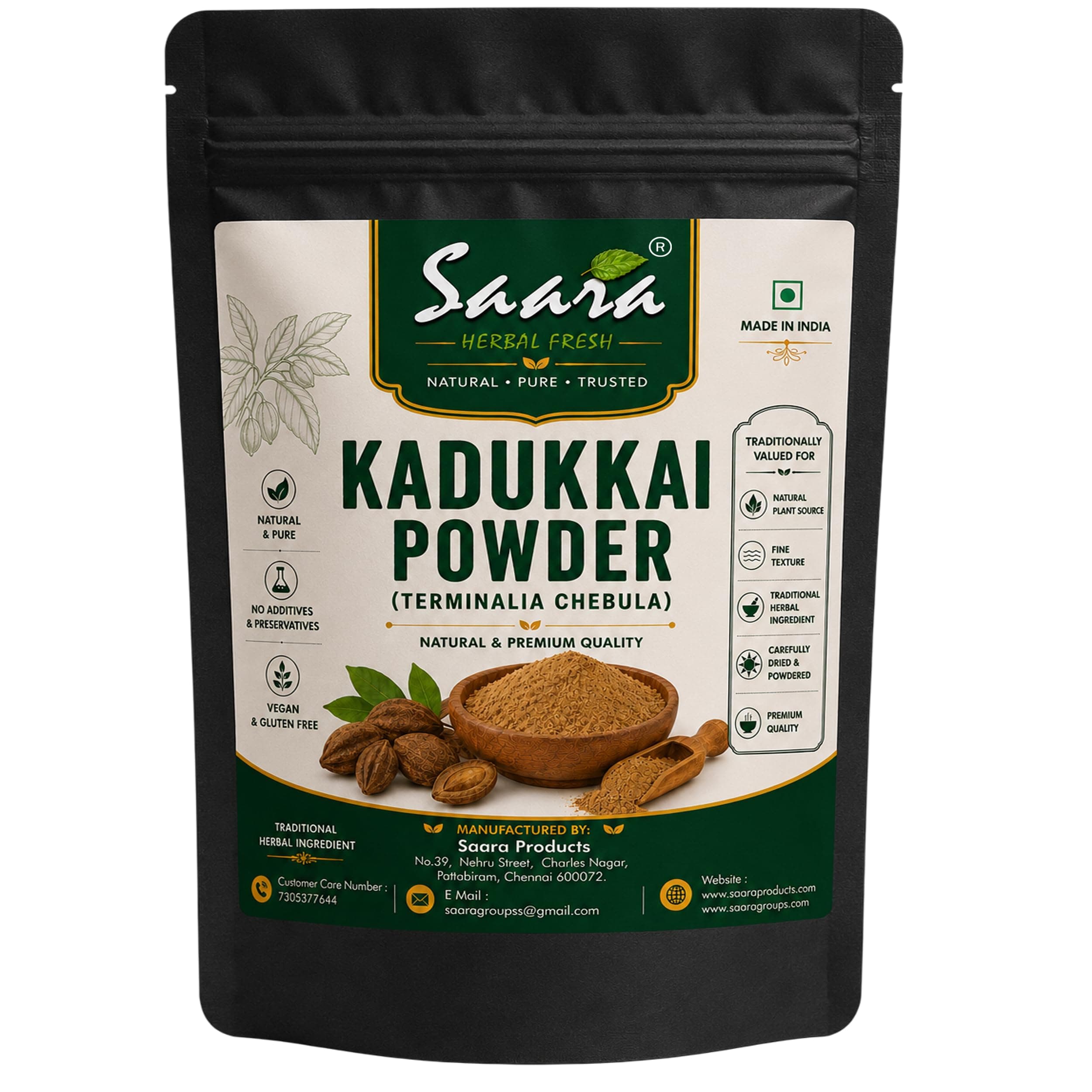 Saara HERBAL FRESH Kadukkai Powder, 101g, Haritaki Powder, Harad Powder, Terminalia Chebula,Karakkai, Black Myrobalans Powder,(pack of 1 x 101g)