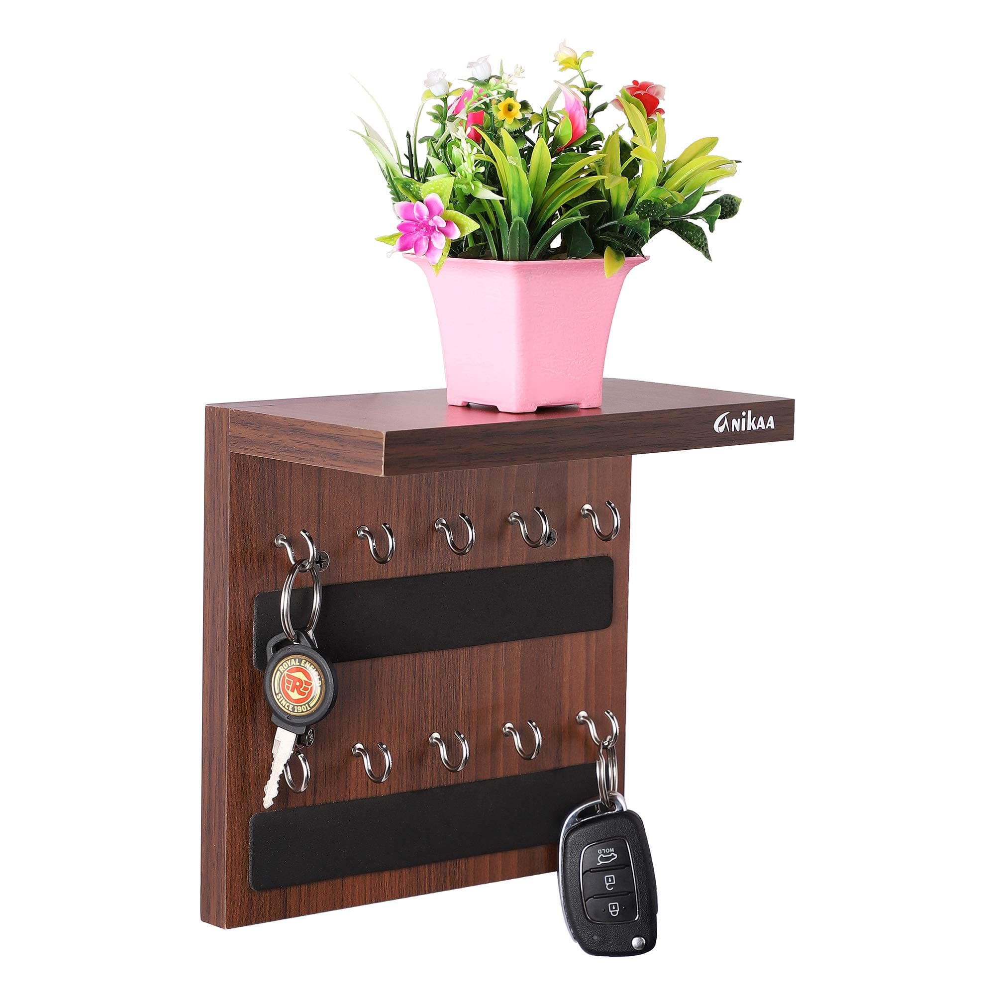 Anikaa CAPI Engineered Wood Key Holder Stand/Wall Hooks Stand/Stylish Key Holder/Wall Mounted Key Holder/Key Hold/Key Chain Hanging Board/Wall Hanging Key Holder/Key Holder with Shelf (Walnut)