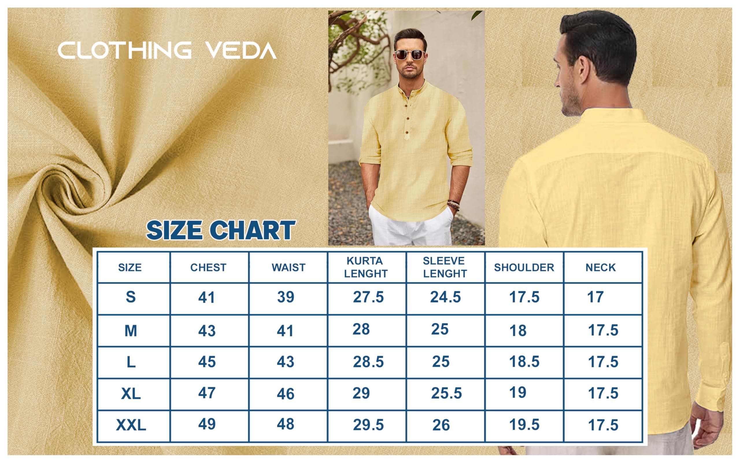 CLOTHING VEDA Men's Cotton Blend Self-Printed Short Kurta Shirt | Full Sleeve Mandarin Collar Casual Kurta