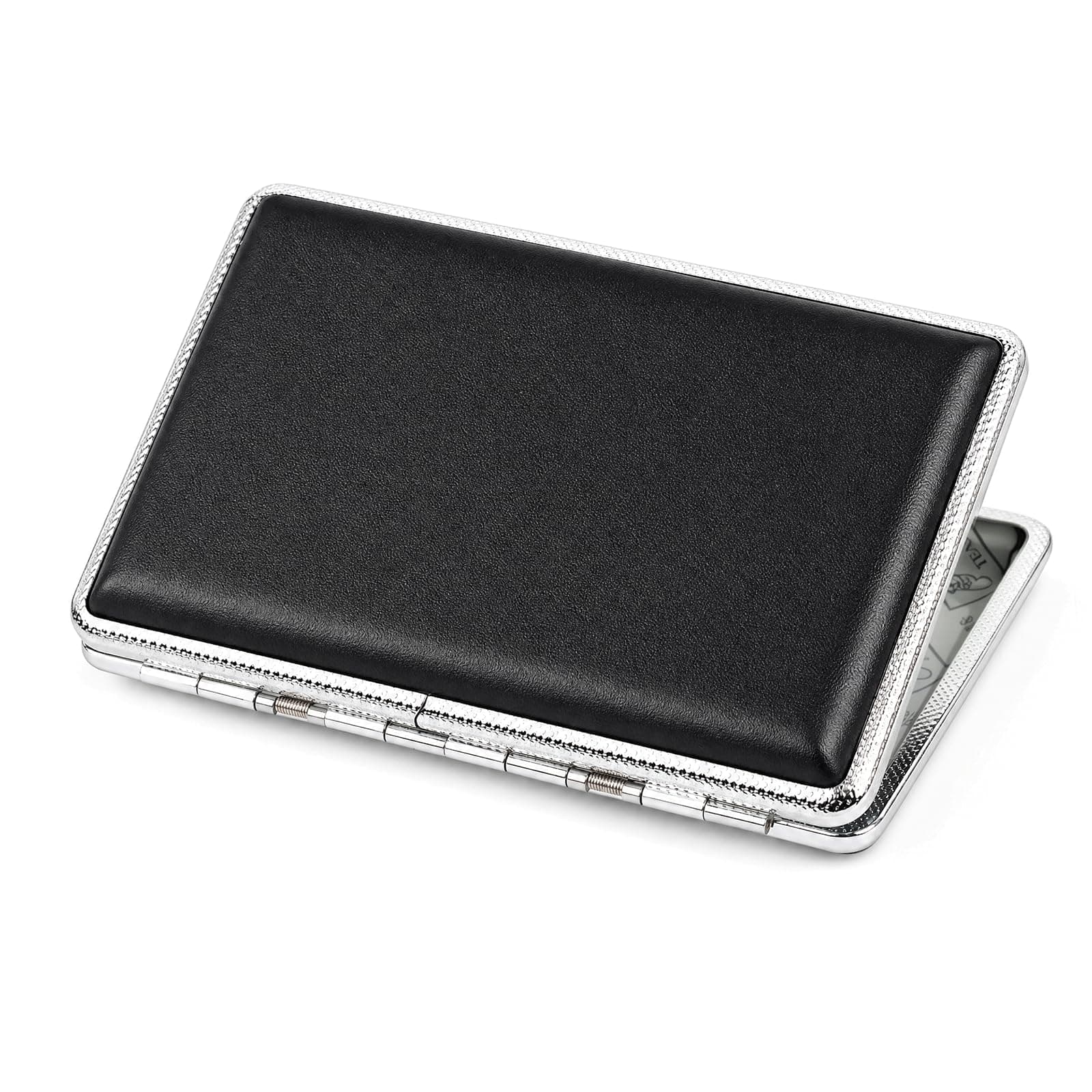 NEW Plain Black Leather Metal Cigarette Case Holds 14 Cigarettes for 100's