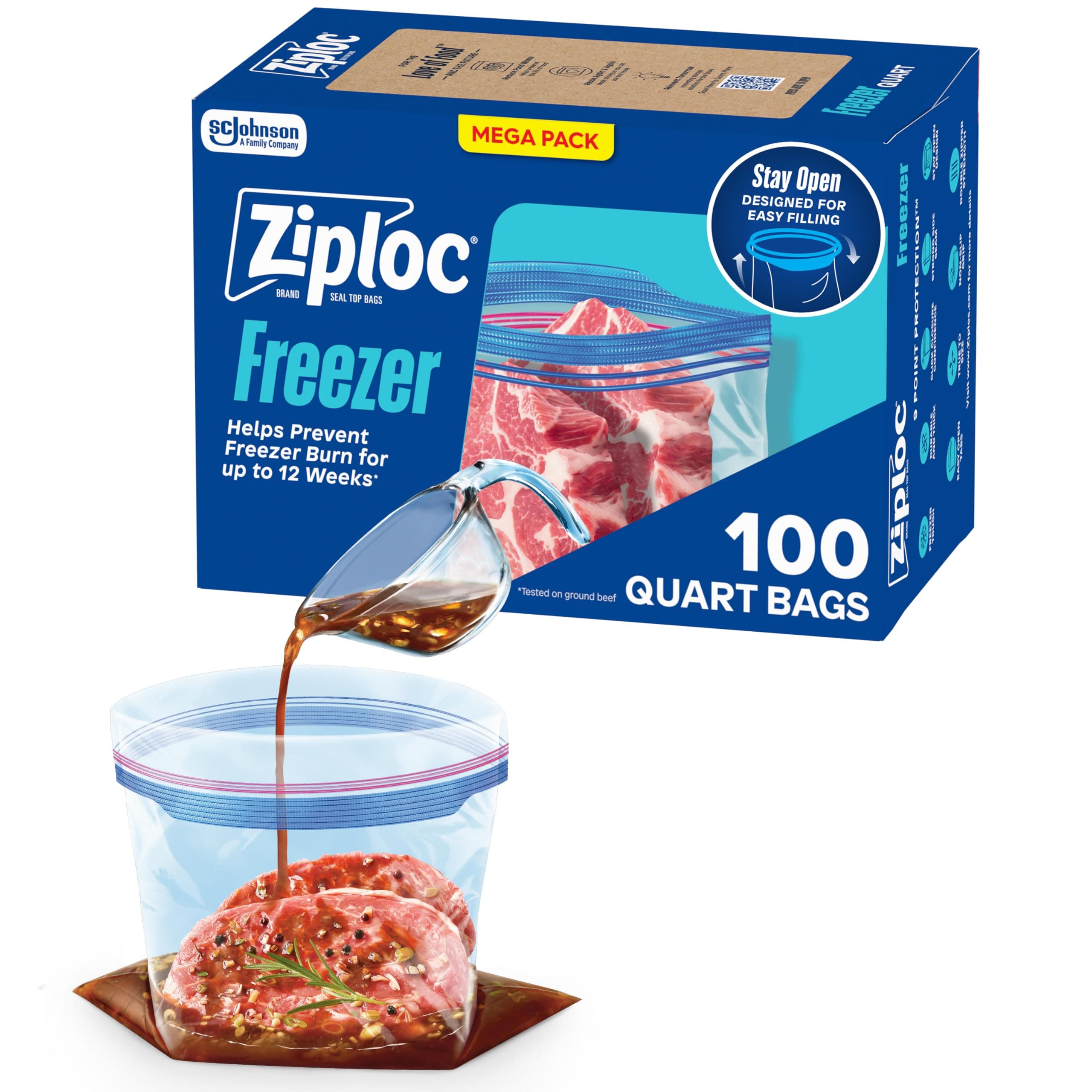 Ziploc 100 Count Vanilla Large Rectangular Airtight Plastic Freezer Bags with Zipper Closure, Disposable, Sealed Edge