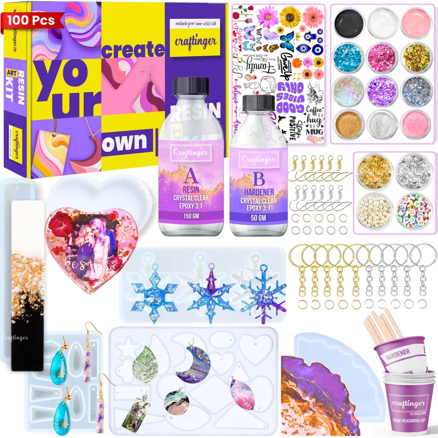Craftinger Pro DIY Resin Art Kit Complete Crafting Kit with 200g Resin, 7 Moulds, Glitter, Pigments, Mica, Tools and Accessories for Keychains, Coasters, Earrings, Bookmarks & More