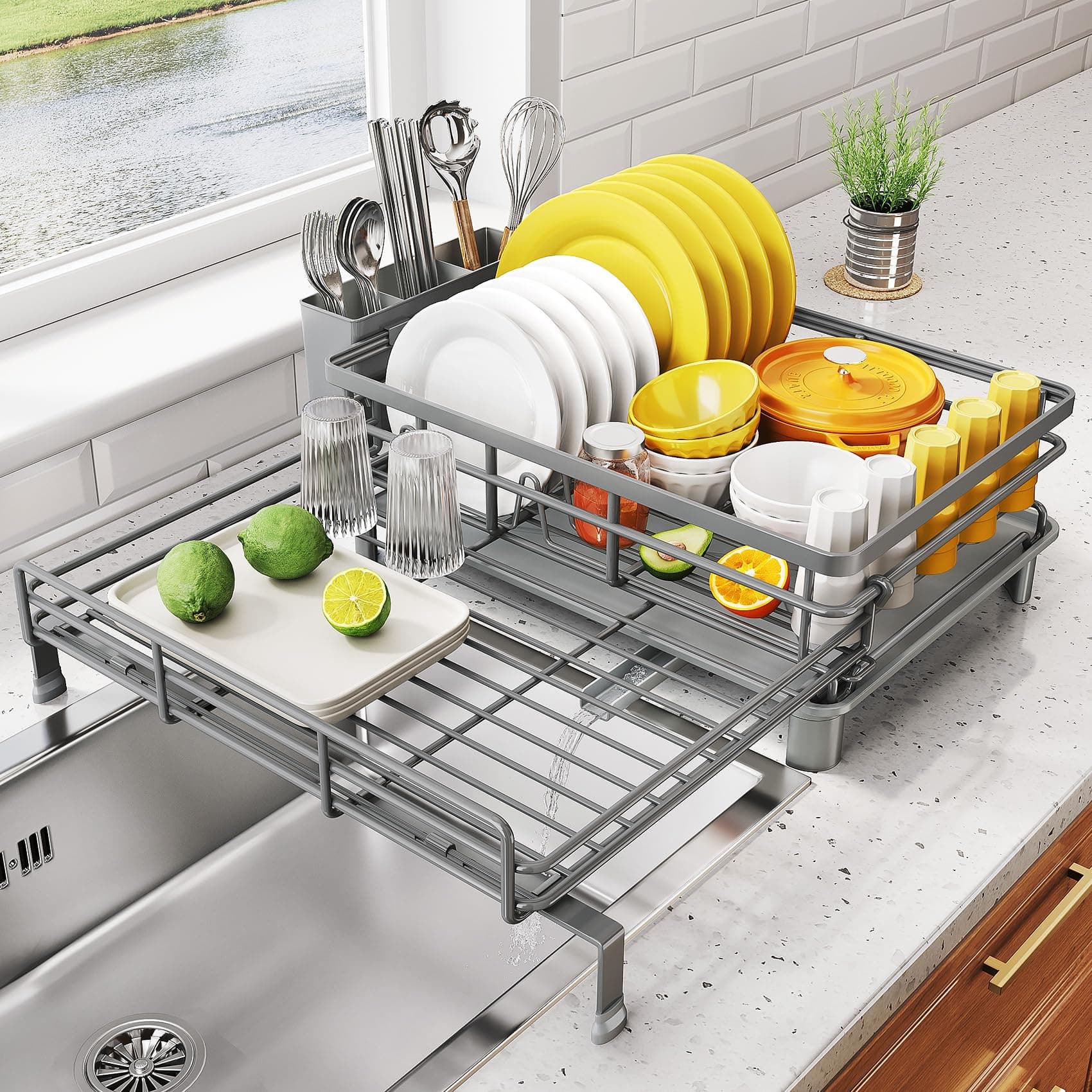 Dish Drying Rack - Extendable Dish Rack, Large Sink Drying Dish Drainer for Kitchen Counter, Stainless Steel Dish Strainer with Utensil Holder