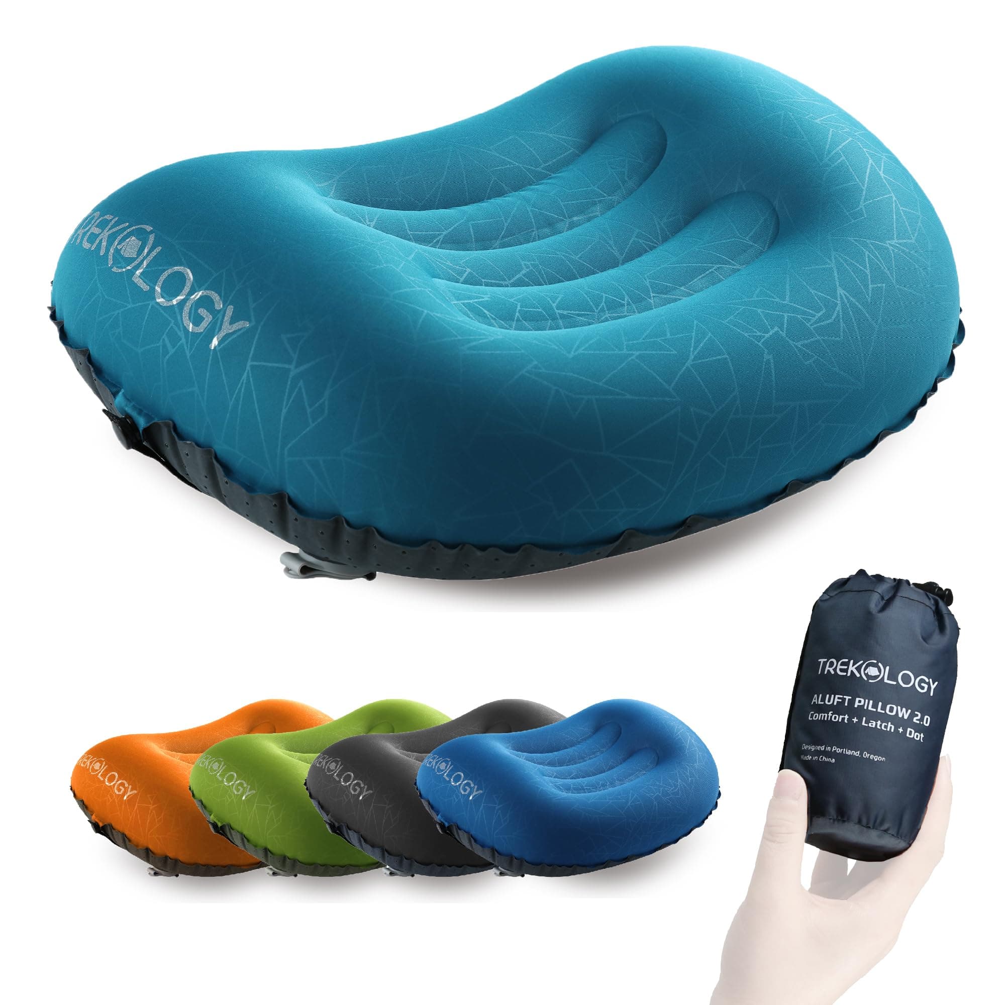 TREKOLOGY Ultralight Inflatable Camping Travel Pillow - Aluft 2.0 Compressible, Compact, Comfortable, Ergonomic Inflating Pillows For Neck & Lumbar Support While Camp, Hiking, Backpacking