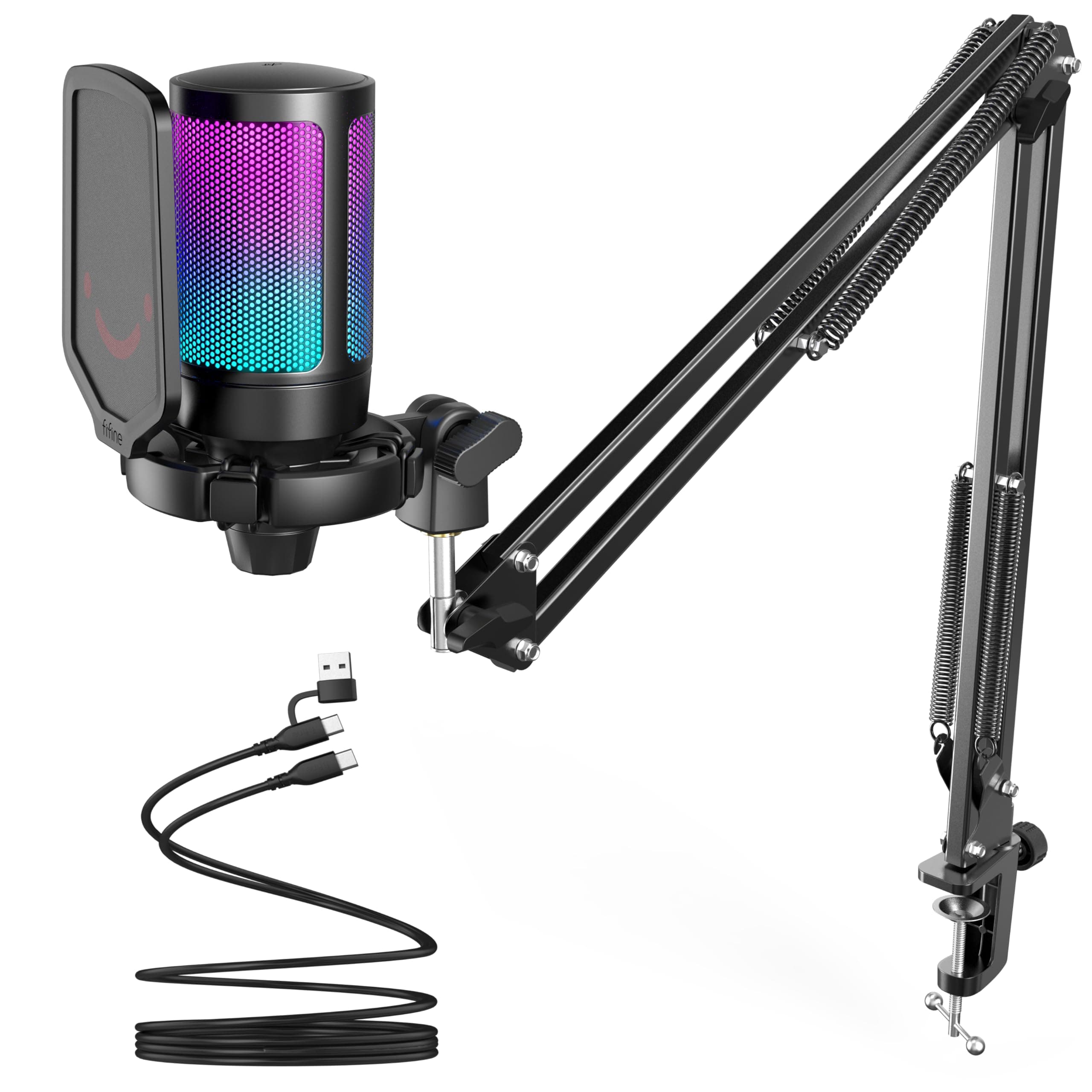 FIFINE A6T USB Gaming Microphone Kit, Plug & Play for PC, PS4/5, Condenser Cardioid Microphone Set with Mute Button, Volume Gain, RGB, Arm Stand, for Streaming, Discord, Twitch, Video, YouTube|Black