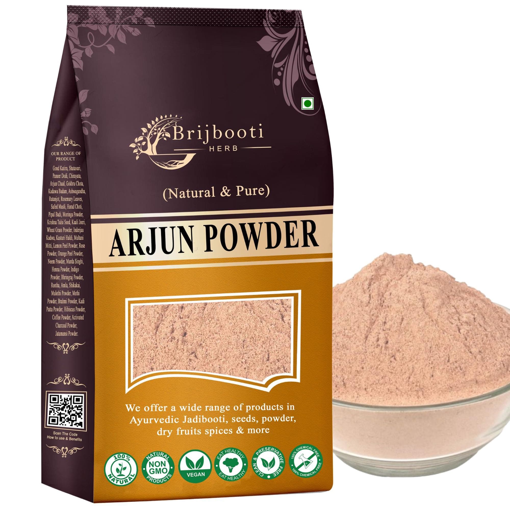 Brijbooti Arjun Ki Chaal Powder 500 Gr - Arjun Chal Tea - Organic Terminalia Arjuna Powder - Support Heart Health | FSSAI, GMP, ISO Certified