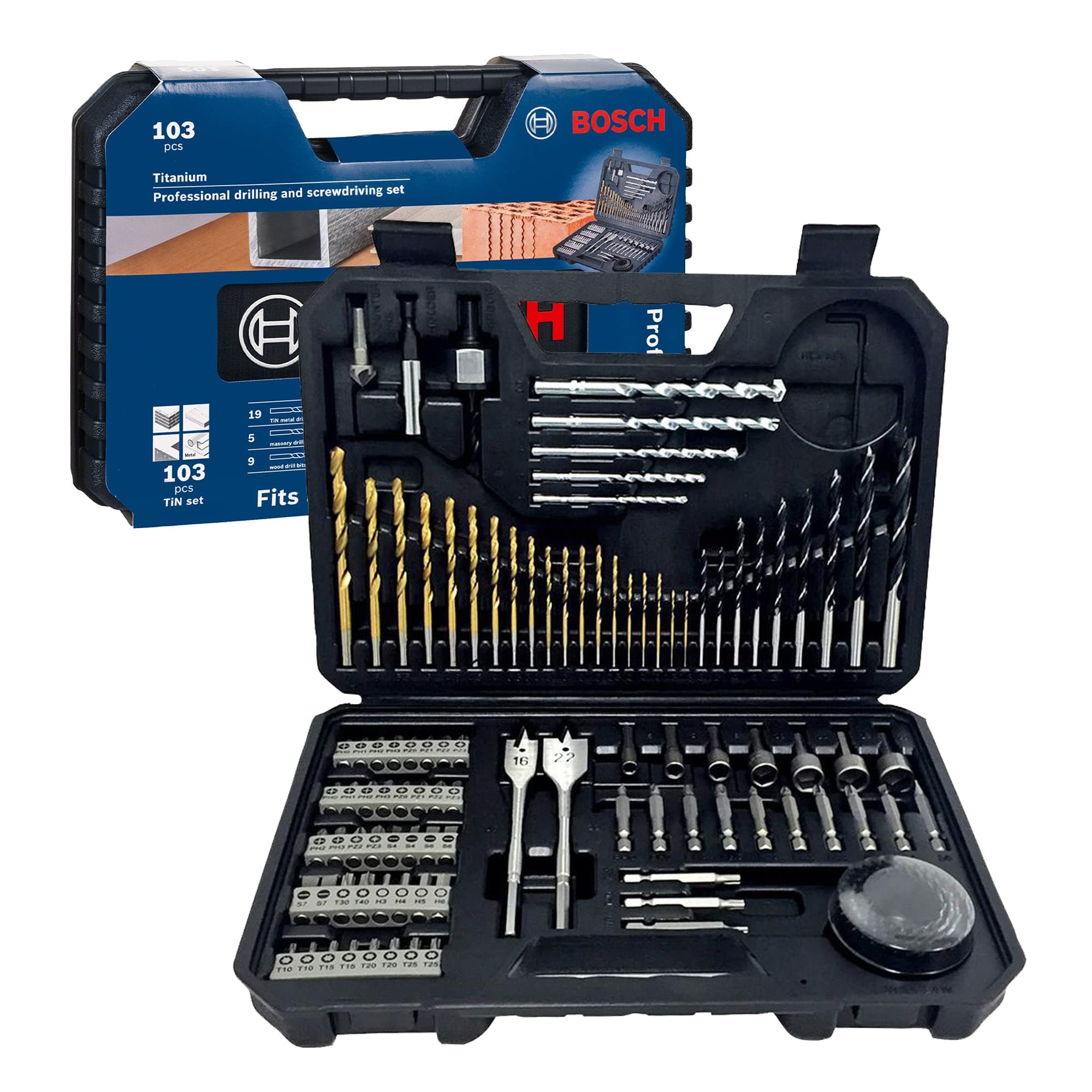BOSCH 2608594070 Professional 103-Pcs Accessory Set | Versatile Drilling & Screwdriving Kit | Titanium-Coated Metal Drill Bits | Precision Hole Saws for Clean Cutouts | Durable & Organized Carry Case