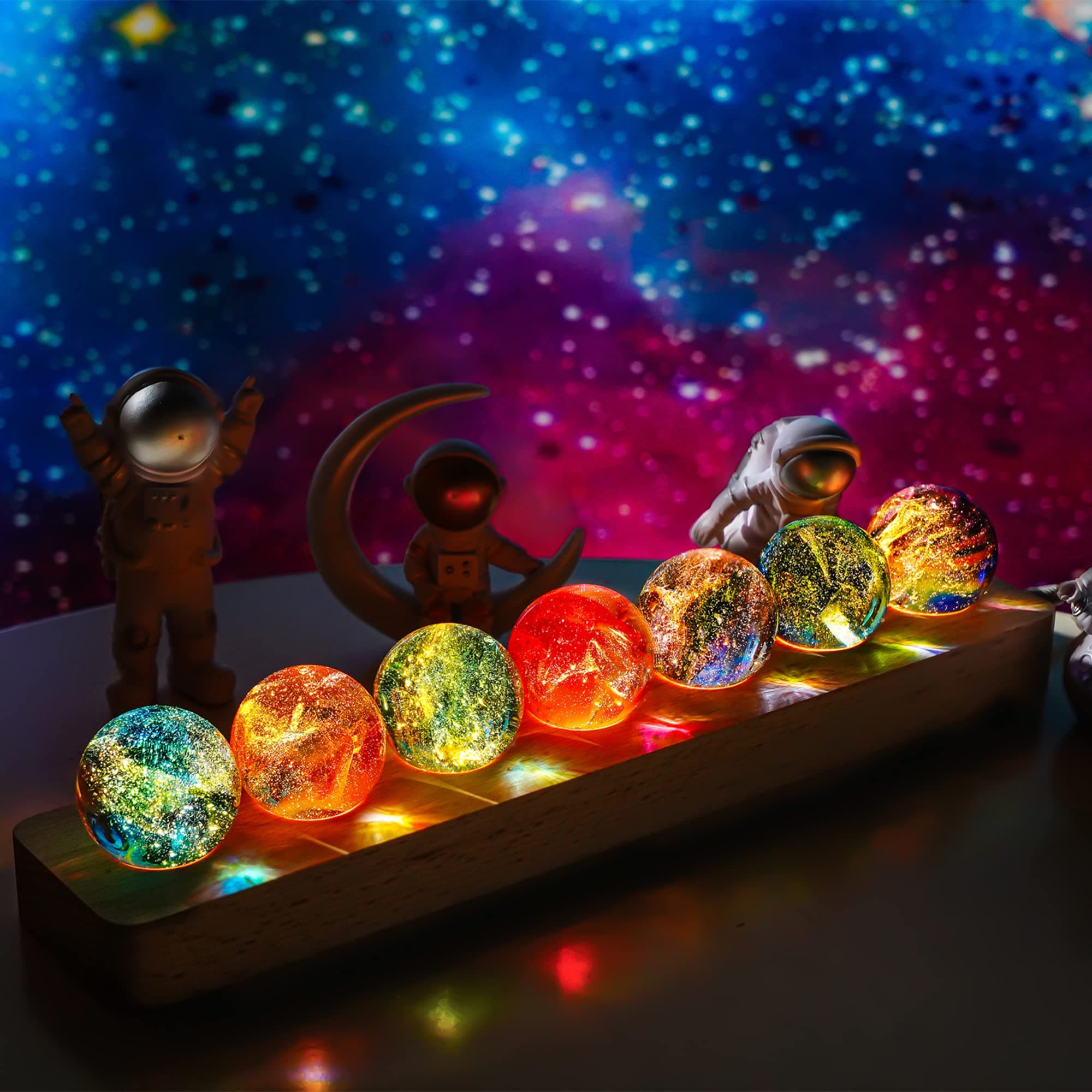 KRISININE 7 Chakra Natural Healing Globes with LED Wood Stand 40mm Crystal Quartz Stones Meditation Positive Energy Night Light Decoration Balls Set for Home
