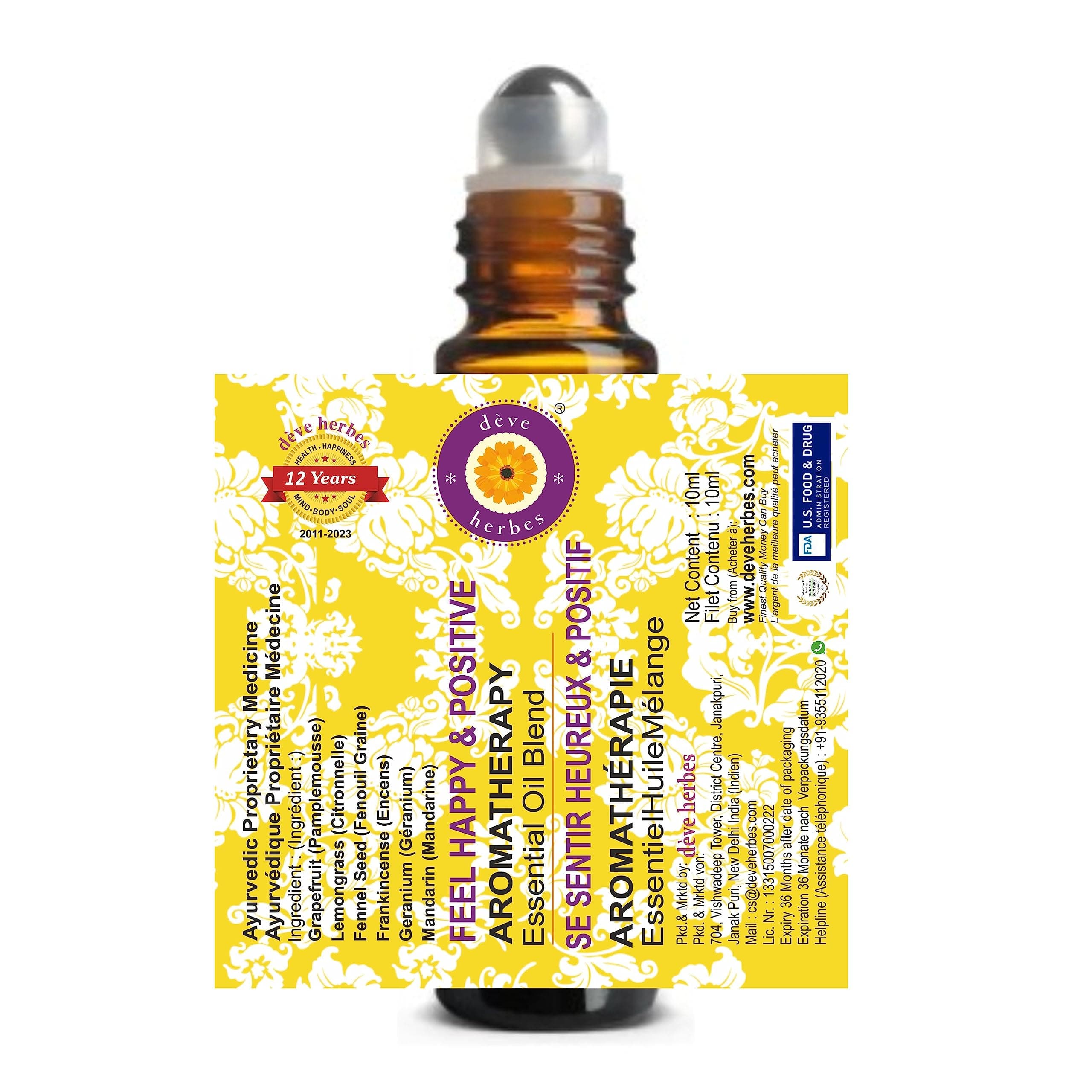 Deve Herbes FEEL HAPPY & POSITIVE - Aromatherapy Essential Oil Blend of Grapefruit, Lemongrass, Fennel Seed, Frankincense, Geranium & Mandarin Essential Oils 10ml