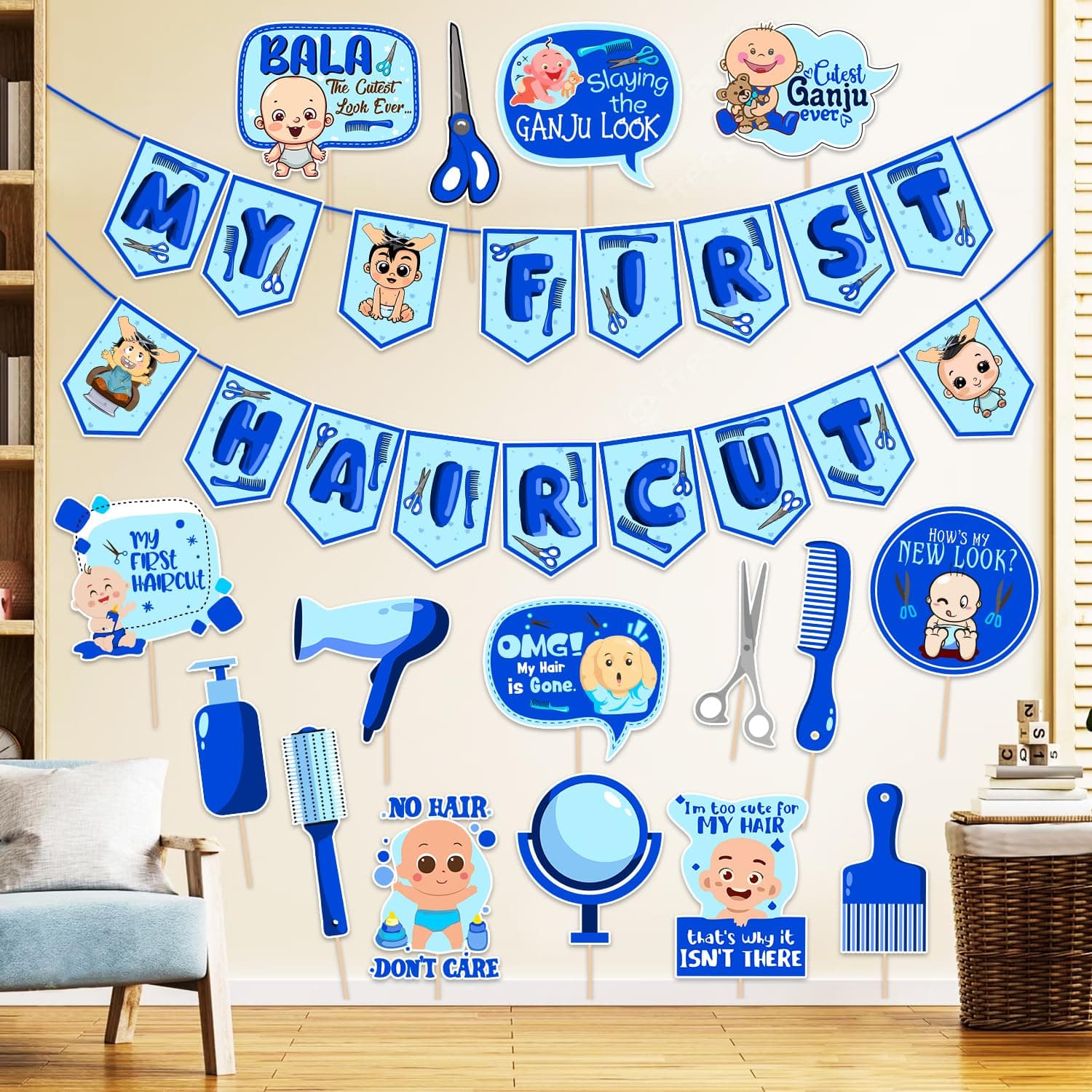 ZYOZIQUE First Haircut/Mundan Ceremony Decorations For Baby Boys - My First Hair Cut Paper Banner & Photo Booth Props - Blue (Pack Of 17)