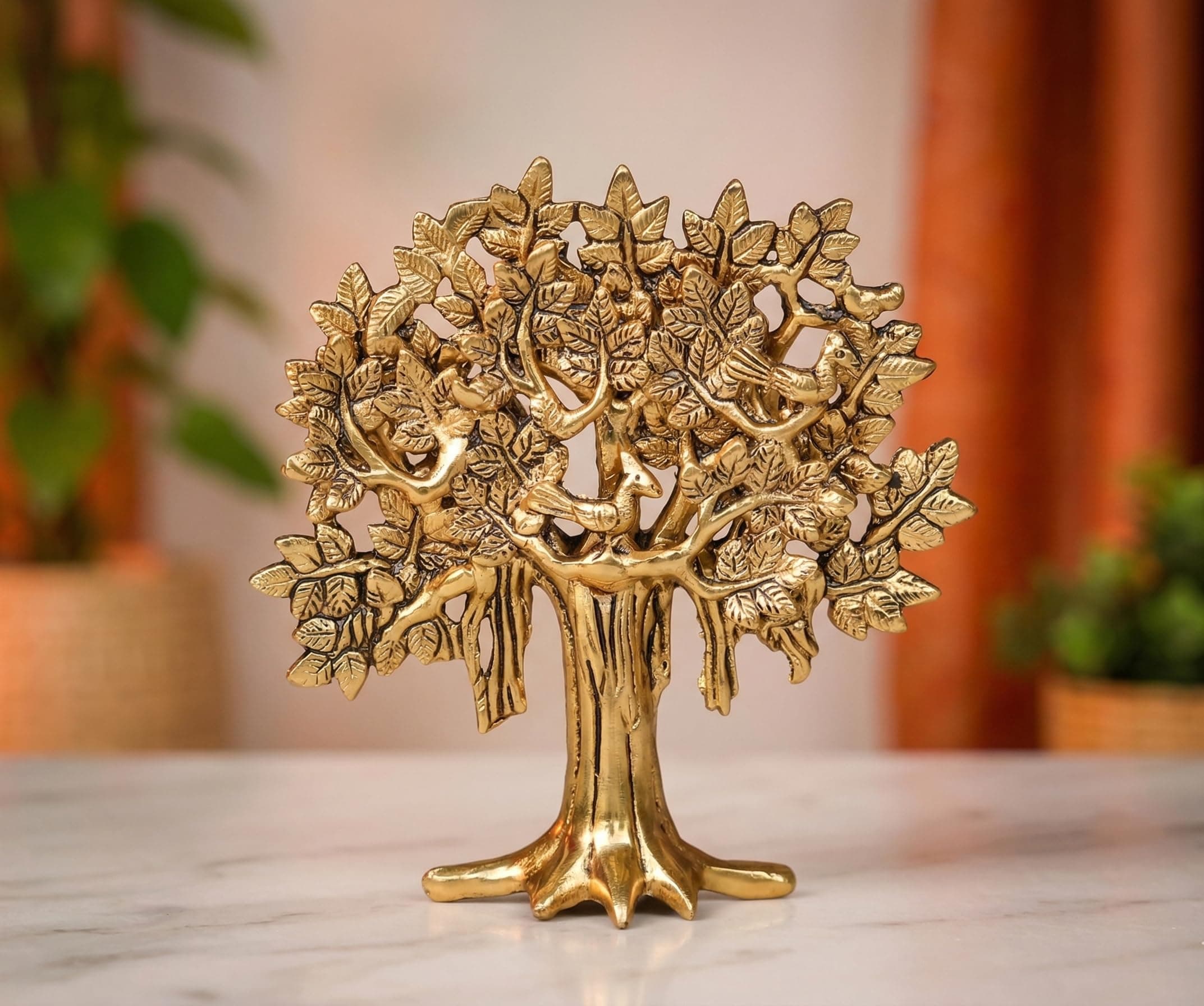 Metal Kalpavriksha Tree for Home Decor - Golden Wish Fulfilling Tree Metal Showpiece for Temple, Vastu, Office Table & Gifting Banyan (No 2 Golden)