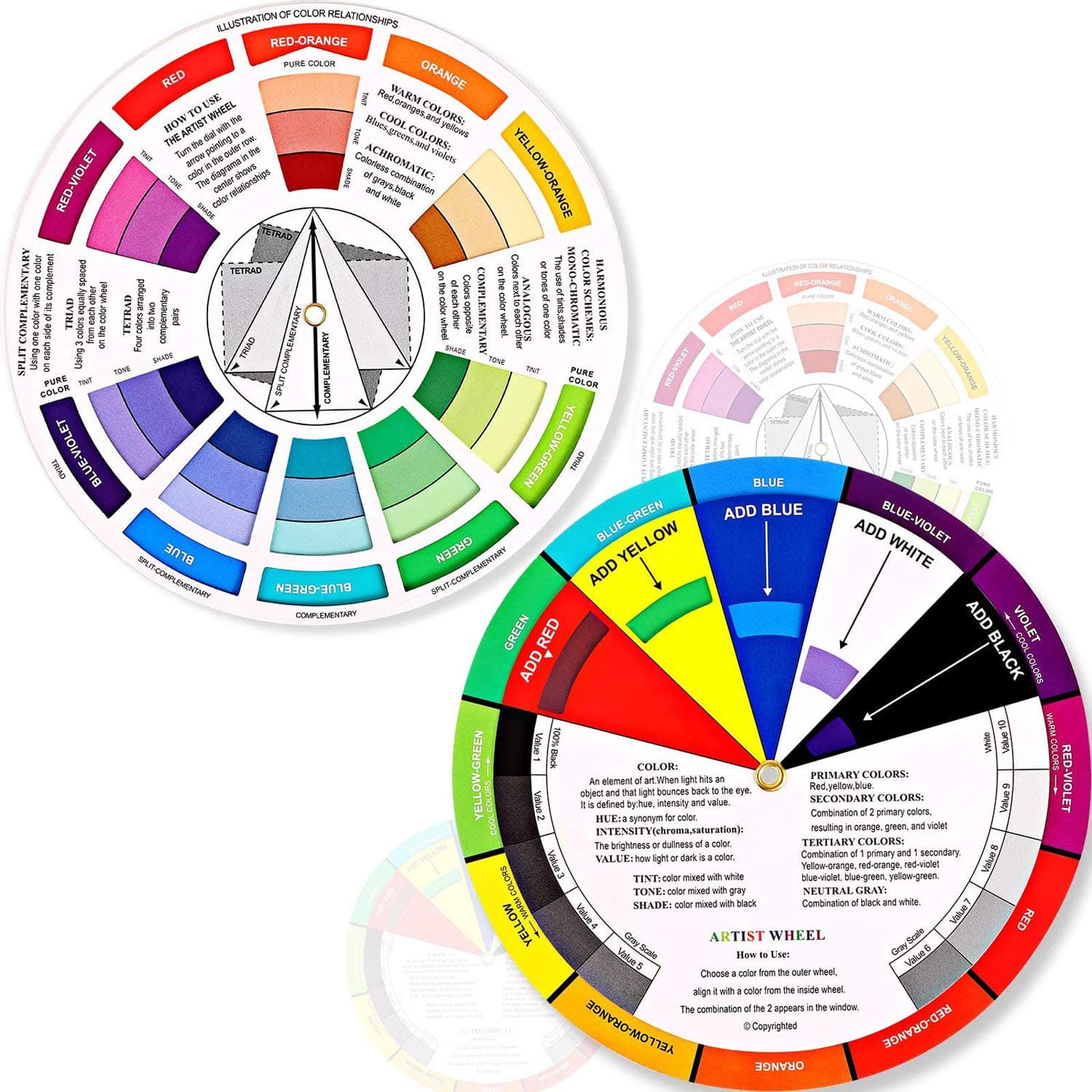 Outus 2 Pieces Color Wheel, Paint Mixing Learning Guide Art Class Teaching Tool Color Wheels For Makeup Blending Board Chart Color Mixed Guide Mix Colours, Multicolor