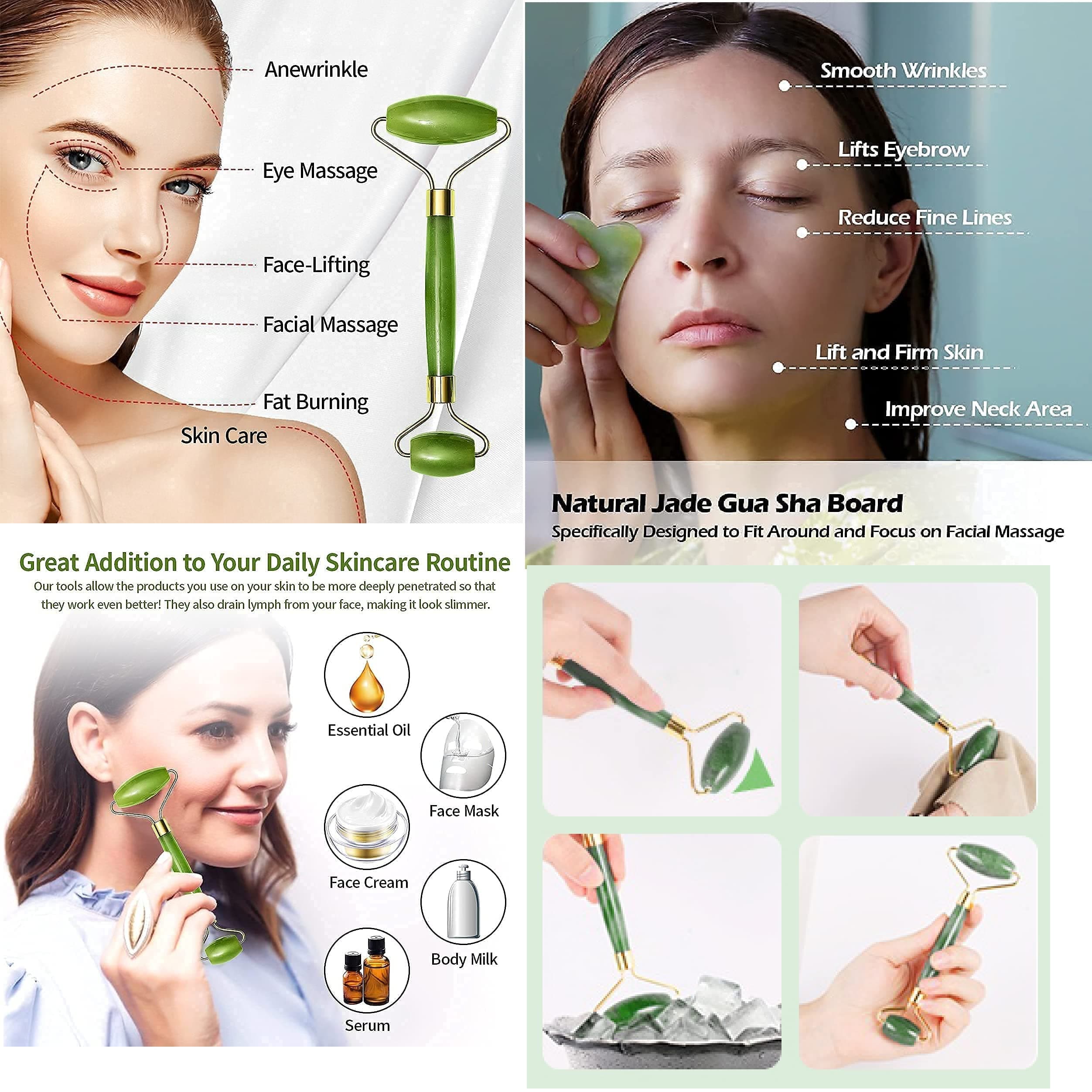 RUDRESHWAR Face Massager Jade Roller & Gua Sha Tool 100% Natural Stone, 3D Manual Body Massager, T Shape Gold Energy Beauty Bar Vibration Facial Massager. Ice Roller Face Massager, Octopus Brush