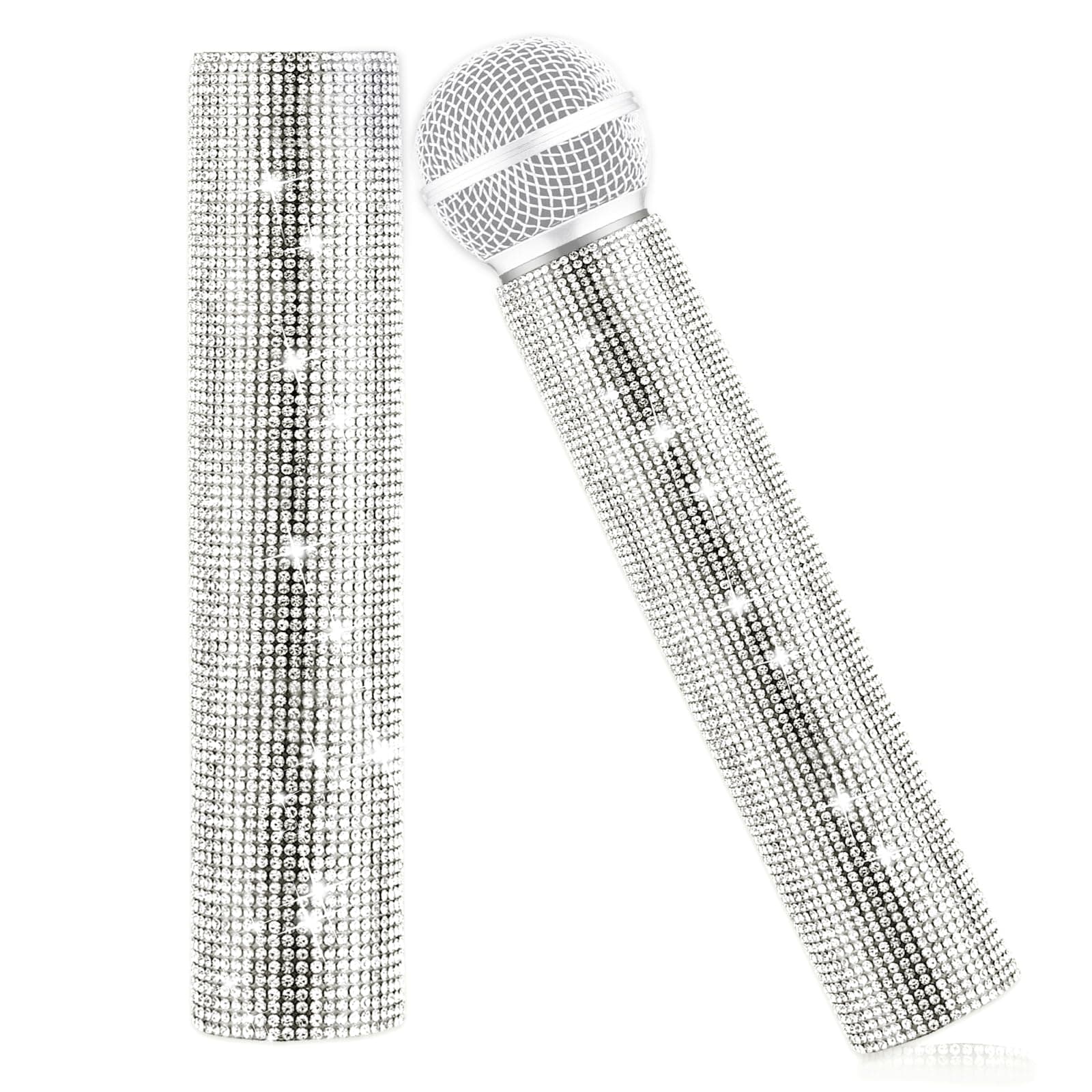 Silver Microphone Decorative Sleeve, Glitter Wireless Microphone Cover, Sparkling Bling Rhinestones Mic Handle Sleeve Protector for DiscoStage Tours & TV Shows (Mic Not Included)