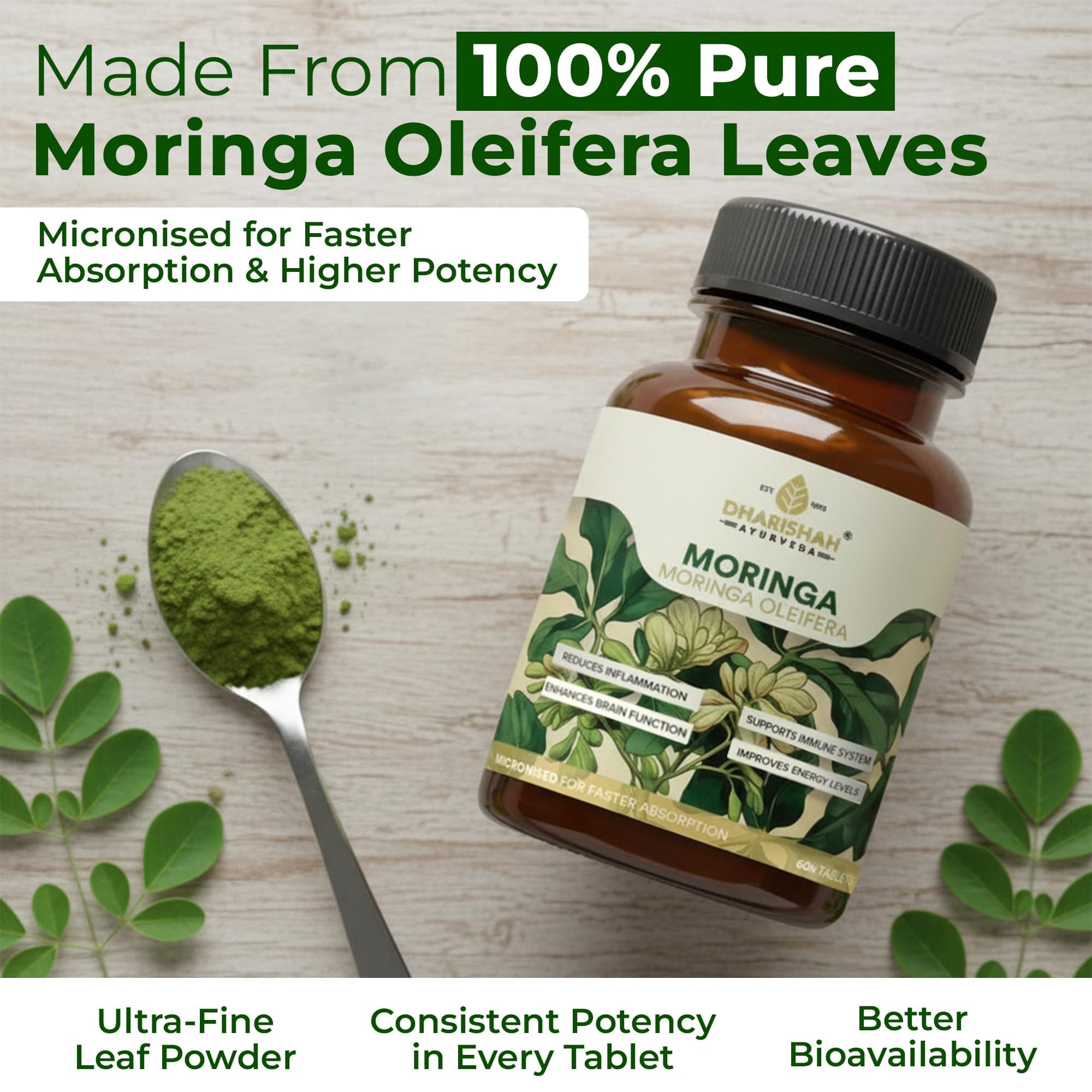 Dharishah Ayurveda Moringa Tablets | Natural Energy & Immunity Booster | Rich in Antioxidants, Iron & Vitamins | Supports Hormone Balance & Skin Health | Micronised Herbal Supplement
