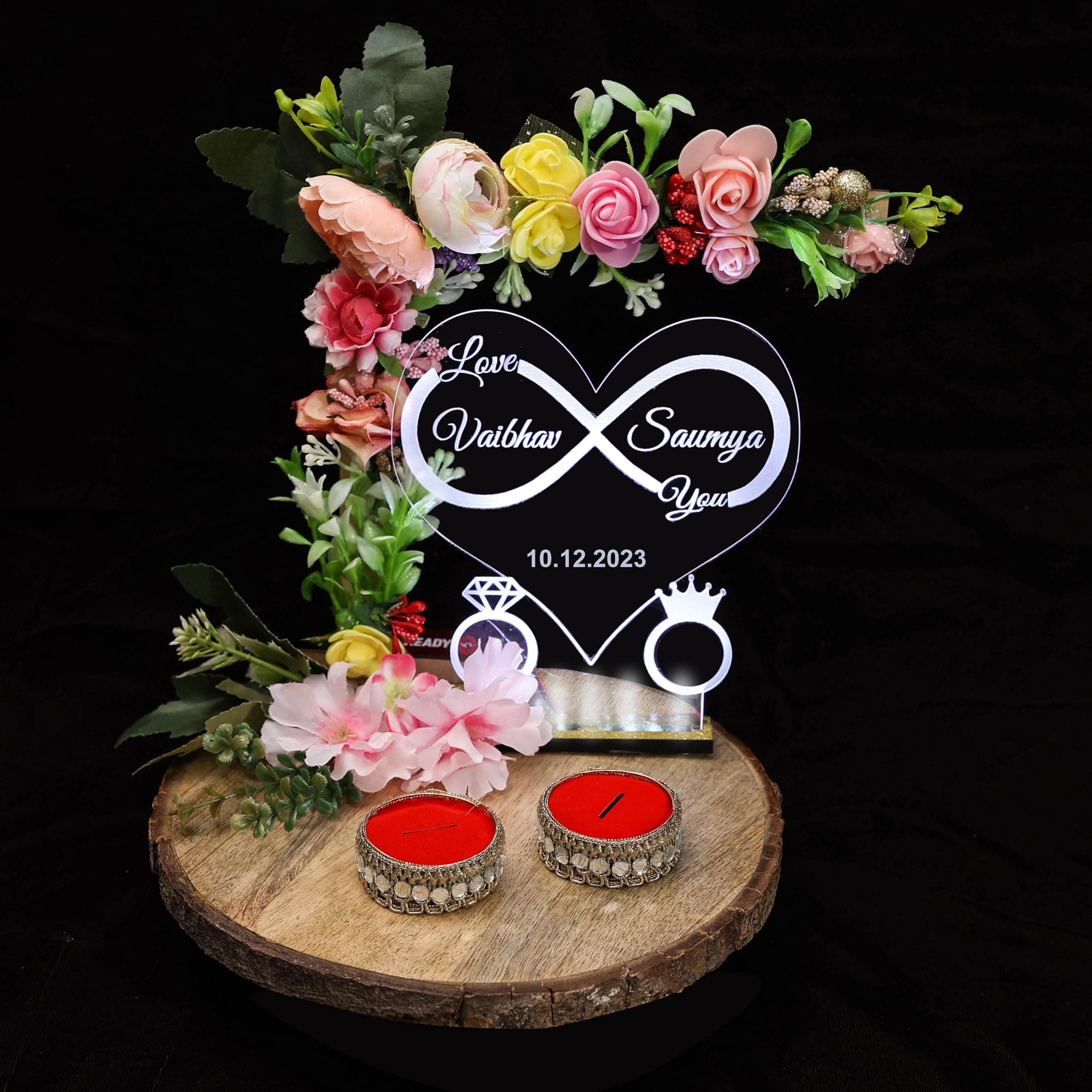 THE BRIDE MADE Engagement Ring Platter Wood logs or led Lights with Name