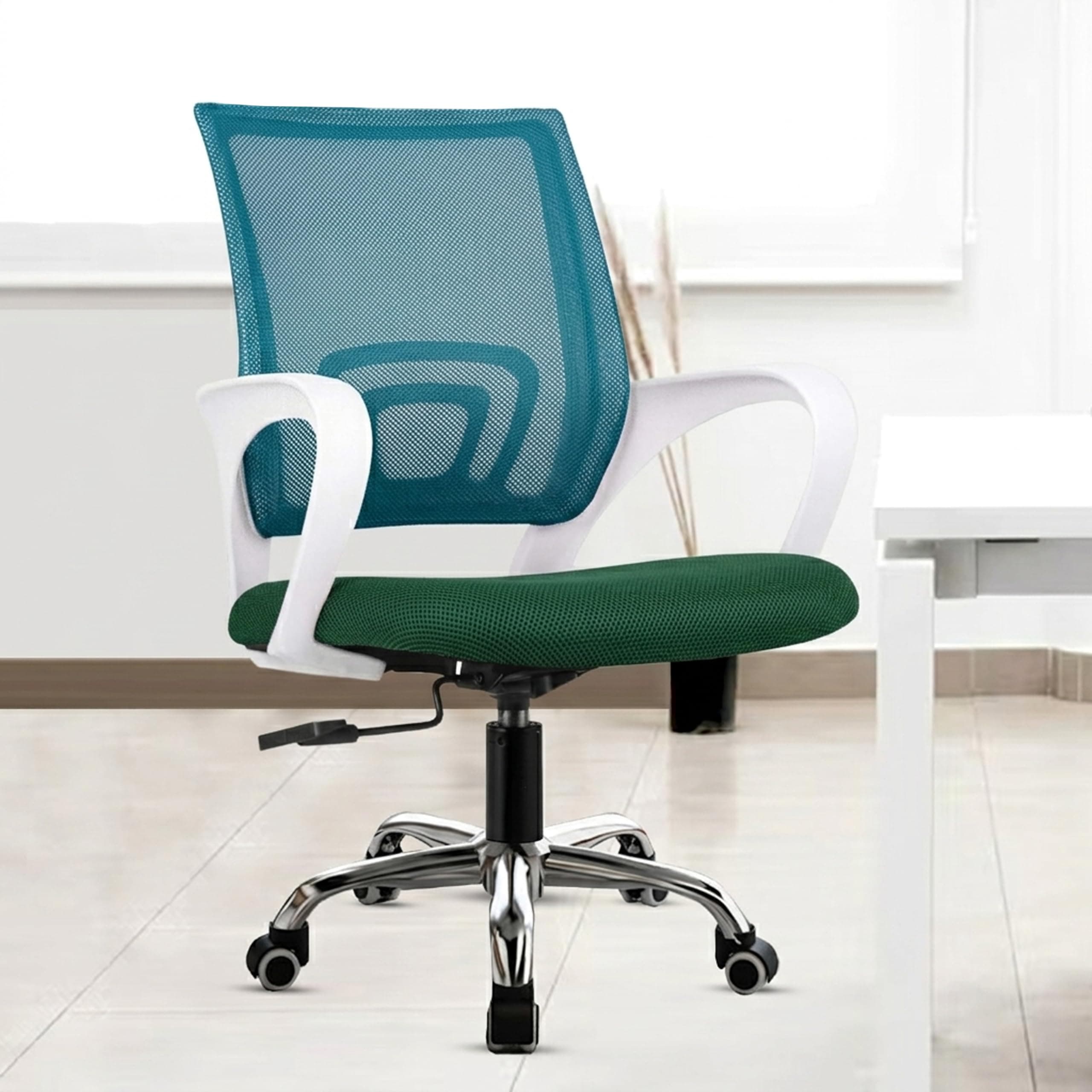 Casa Copenhagen Mesh Mid Back Office/Study/Computer/Revolving/Desk Chair for Work from Home -Metal Base, Height Adjustable Seat - Green & White Handle
