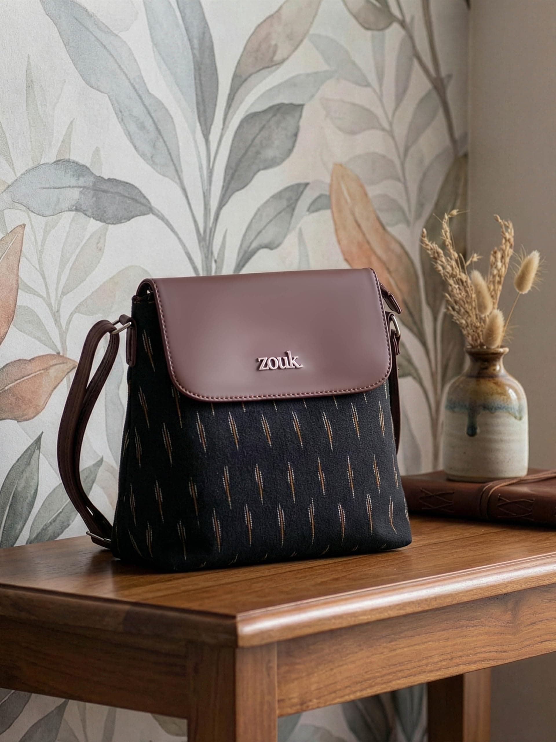 ZOUK Flap Sling Bag | Crossbody Bags for Women | Women's Handbags | Stylish | Vegan Leather Evening Bag | Travel & Office Use | Purse and Wallet | Ikat GreRe Print