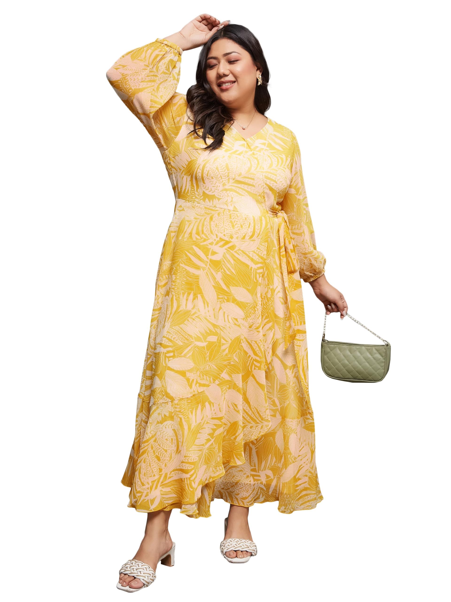Miss Chase A+ Women's V-Neck Three-Quarter Sleeve Geometric Patterned Wrap Midi Chiffon Dress with Pockets (APAW21D14-94-37-07, Yellow & White, 2XL)
