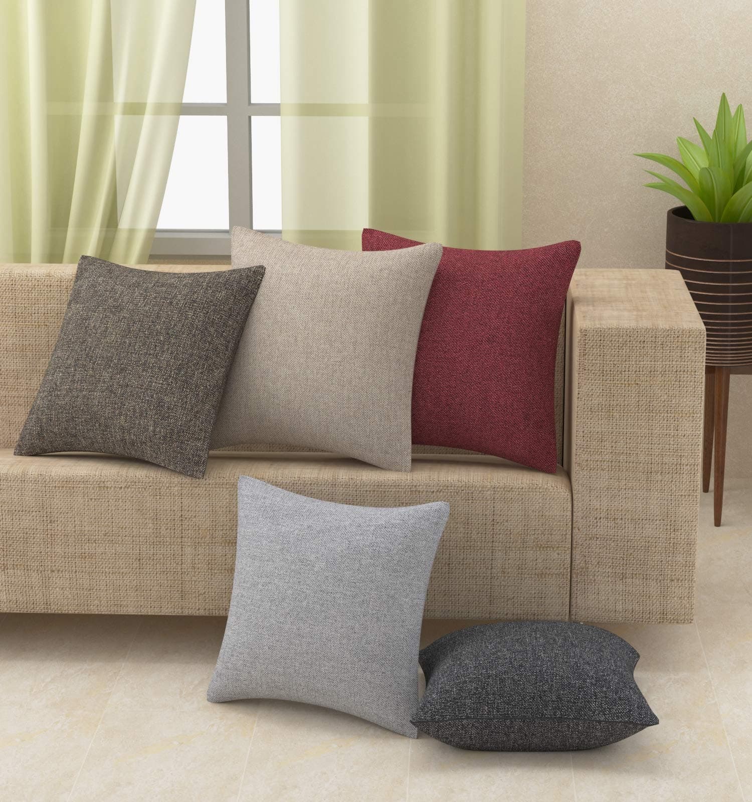 Yellow Weaves Decorative Jute Cushion Covers (24 X 24 Inches) Set Of 3, 250 TC,Multicolor
