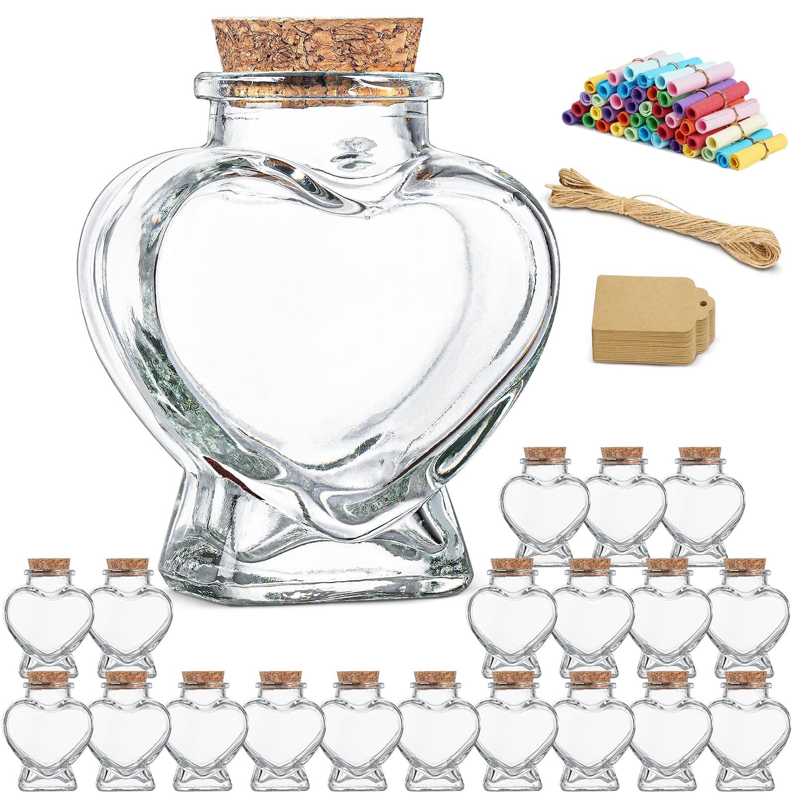 Folinstall 30 Pieces Heart Shaped Small Glass Jars with Cork Lids, Glass Favor Jars for Wedding Decoration, DIY, Home, Party Favors, Extra Coloured Paper Scrolls and Personalized Tag Strings Included