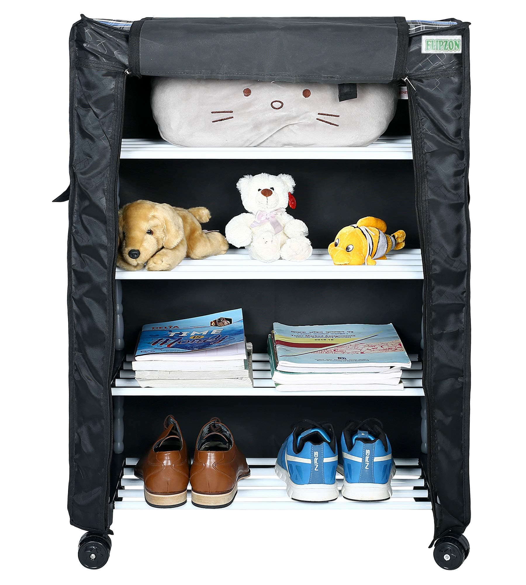 FLIPZON Multipurpose 4 Shelves/Layer Shoe Rack Organizer With Wheels&Dustproof Cover|Portable Smart Storage Rack Organizer With Zip Cover Easy To Move (Metal & Plastic,Multicolour),60 X 30 X85 cm