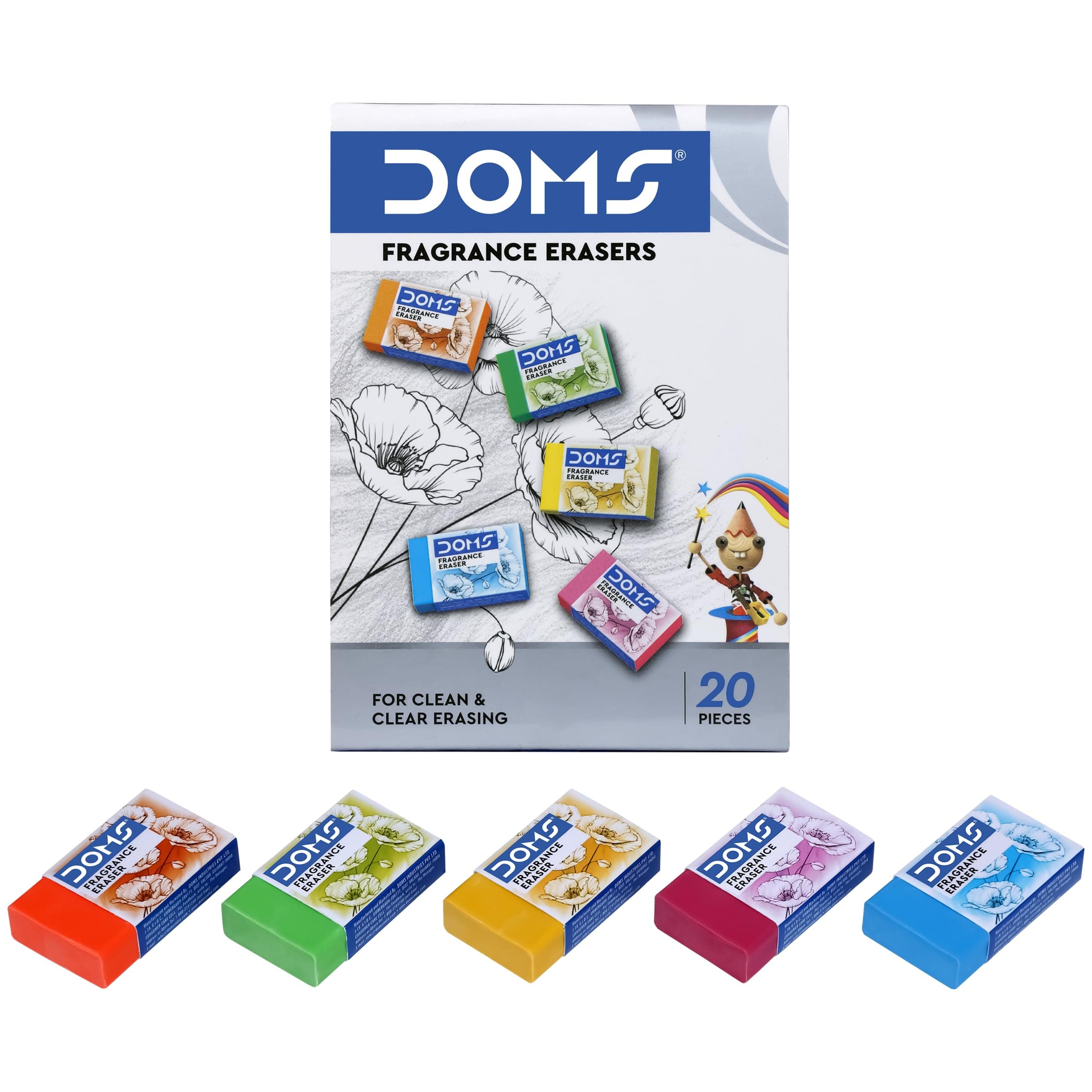 Doms Non-Toxic Fragrance Erasers Set | For Clean & Clear Erasing | Stationery Gift Item For Kids & Students | Playful Body Colors | Pack of 20 Pieces