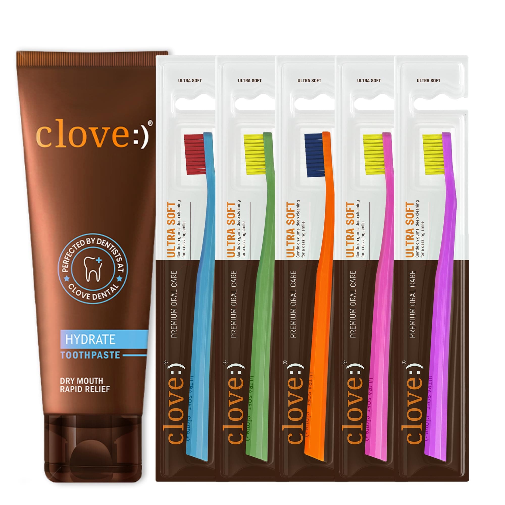 Clove Hydrate Combo Pack, Hydrate Toothpaste + Pack of 5 Ultra Soft Toothbrushes (Assorted Color), Dry Mouth Solution, Boosts Saliva Production, Fights Bad Breath, 4160 DuPont Tynex Bristles