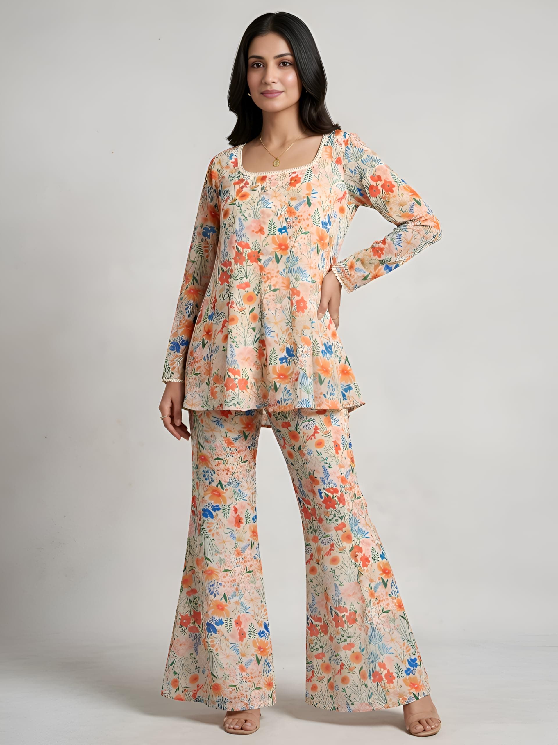 GRECIILOOKS Women's Summer Kurta Set with Sharara | Printed Kurti Set with Sharara Pants | Georgette Ethnic Kurta Set for Women | Party Outfit Traditional Dress for Woman | Flared Palazzo Kurti Set