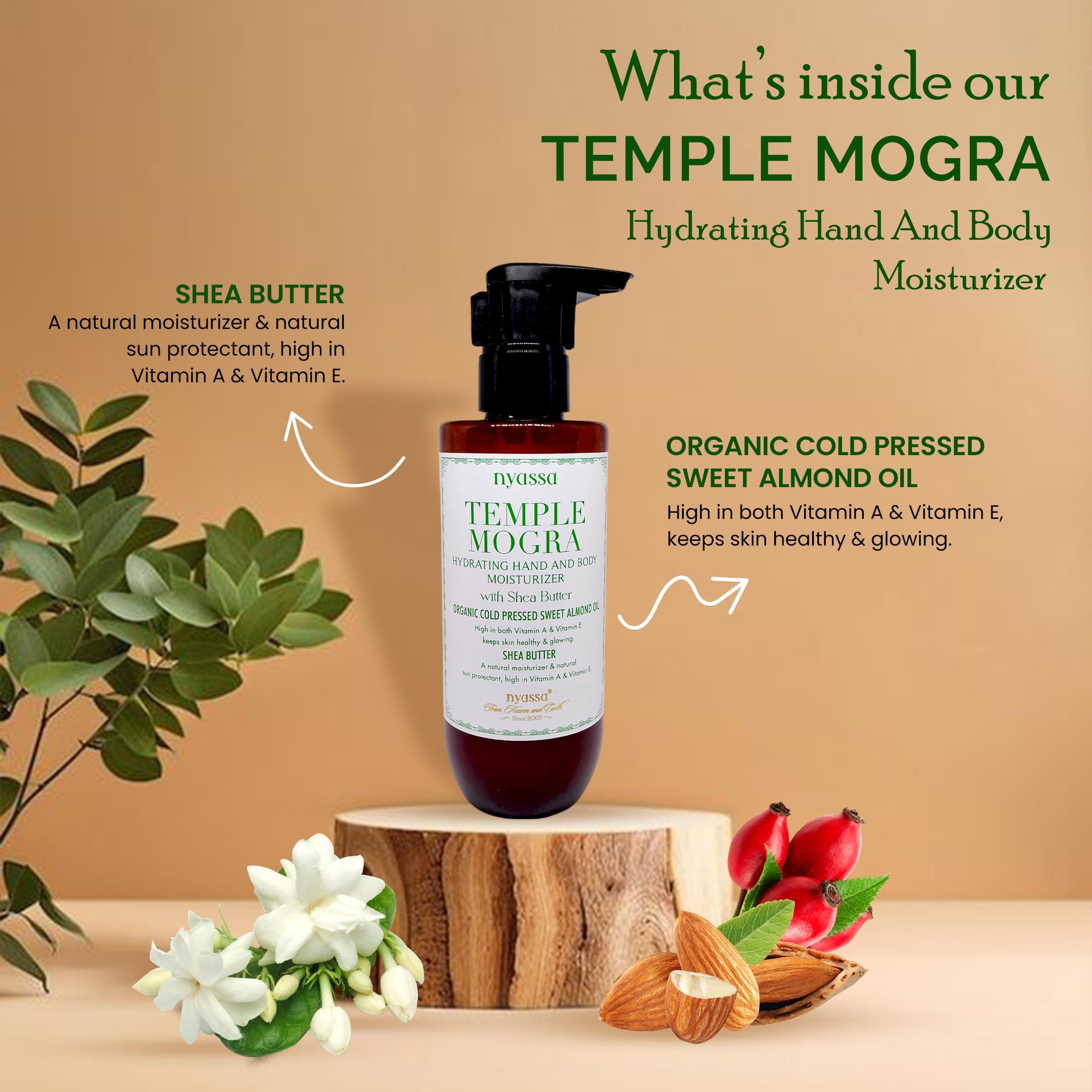 Nyassa Temple Mogra Hand and Body Moisturizer with Shea Butter & Organic Sweet Almond Oil |For skin healthy & glowing | No Parabens, Sulphates, Vegetarian. Cruelty-free. (200ml)