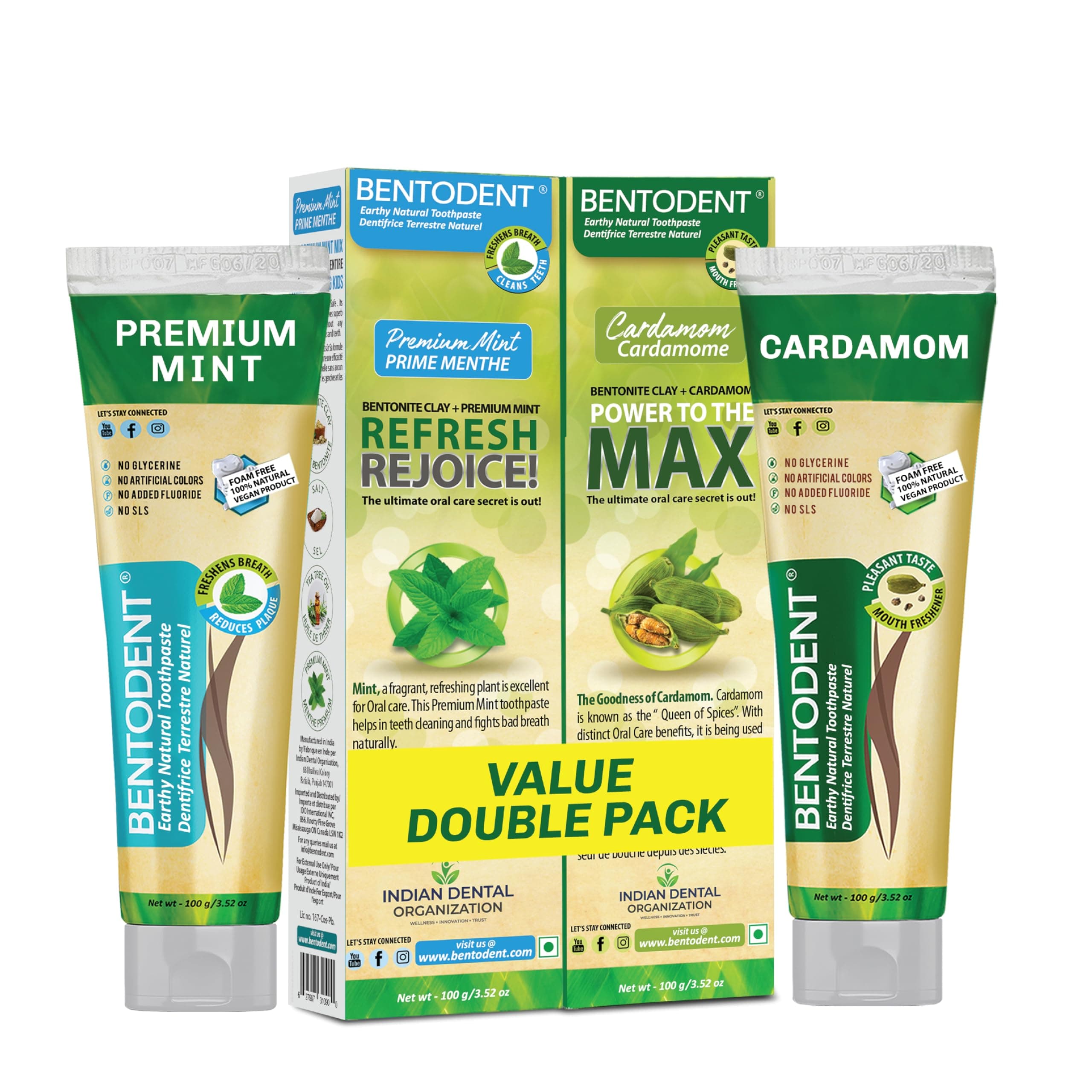 Bentodent Natural Toothpaste | Herbal Whitening & Daily Oral Detox | SLS, Fluoride & Foam Free | Safe for Kids & Family | Mint & Cardamom Freshness | Remineralizing Toothpaste (Pack of 2, Qty 200g)