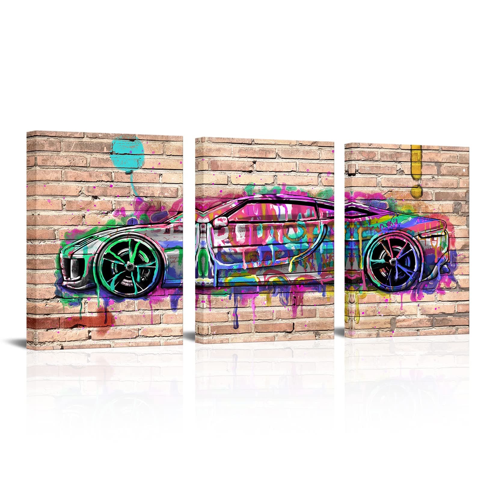 HOMEOART Car Wall Decor Street Graffiti Car Painting Picture Framed Canvas Print for Men Teen Boys Bedroom Decor 12 x 16 Inch x 3 Panels