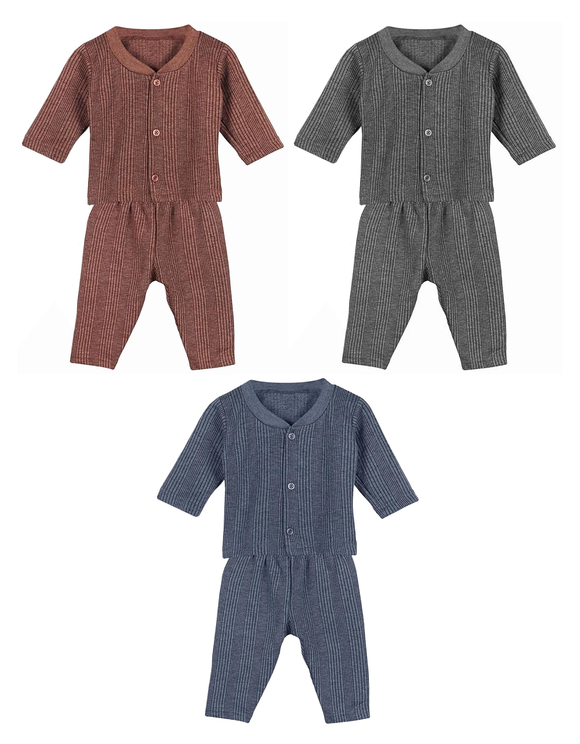 Tiny Tooth Cotton Blend Front Open Thermal Pajama Set (Top & Bottom) For Baby Boys & Baby Girls, Pack Of 3 Sets - Body Warmer For Baby (0-3 Months) (0-3 Months), Multicolour