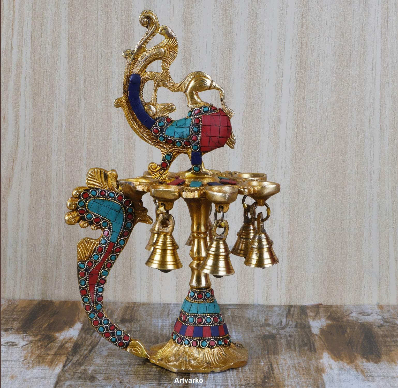 Artvarko 1 Feet Large Brass Peacock Design Multi Oil Wick Diya Lamp Pooja Home Decor Showpieces Diwali Gift.