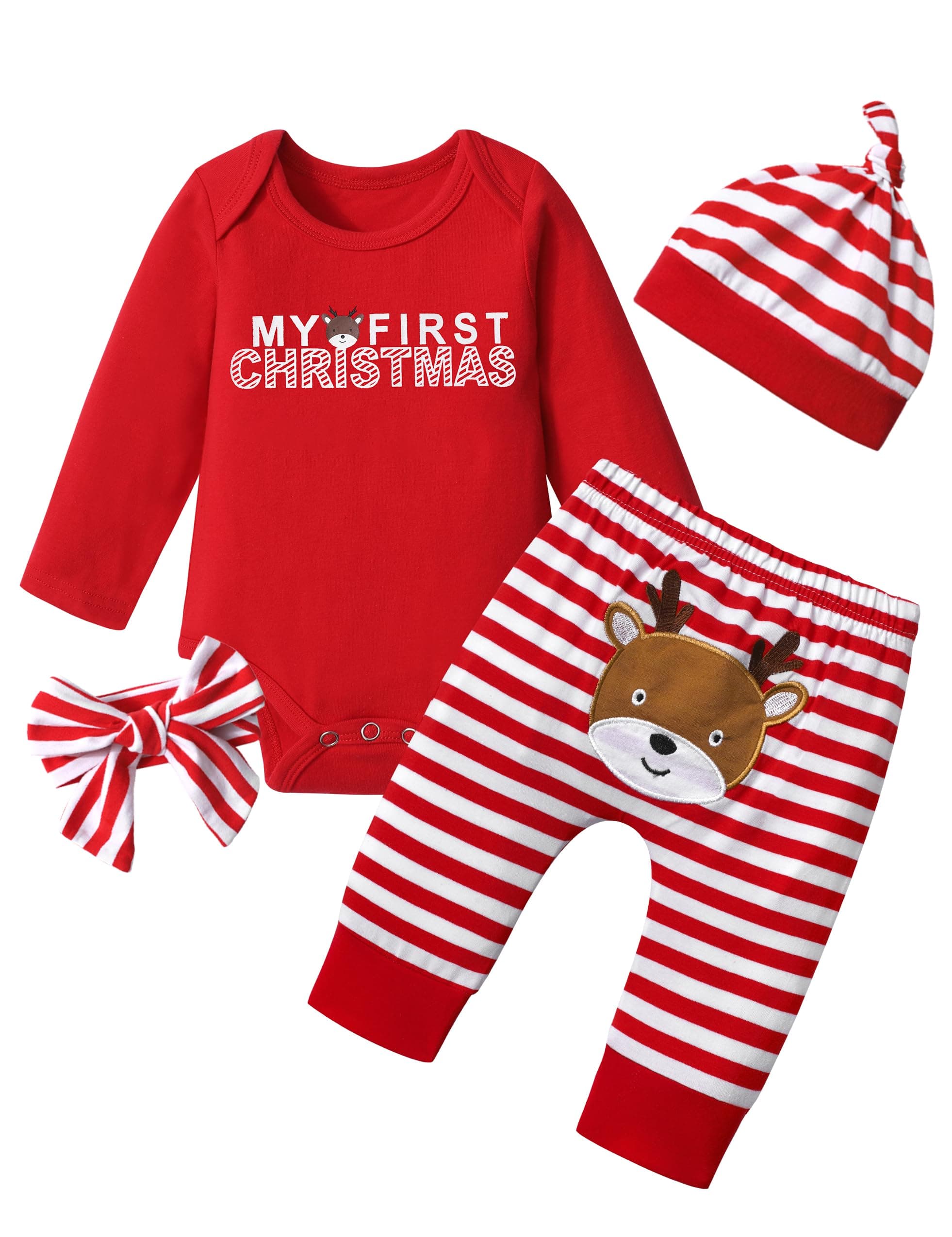 Christmas 4Pcs Outfit Set Baby Girls Boys My First Christmas Rompers(0-3 Months)